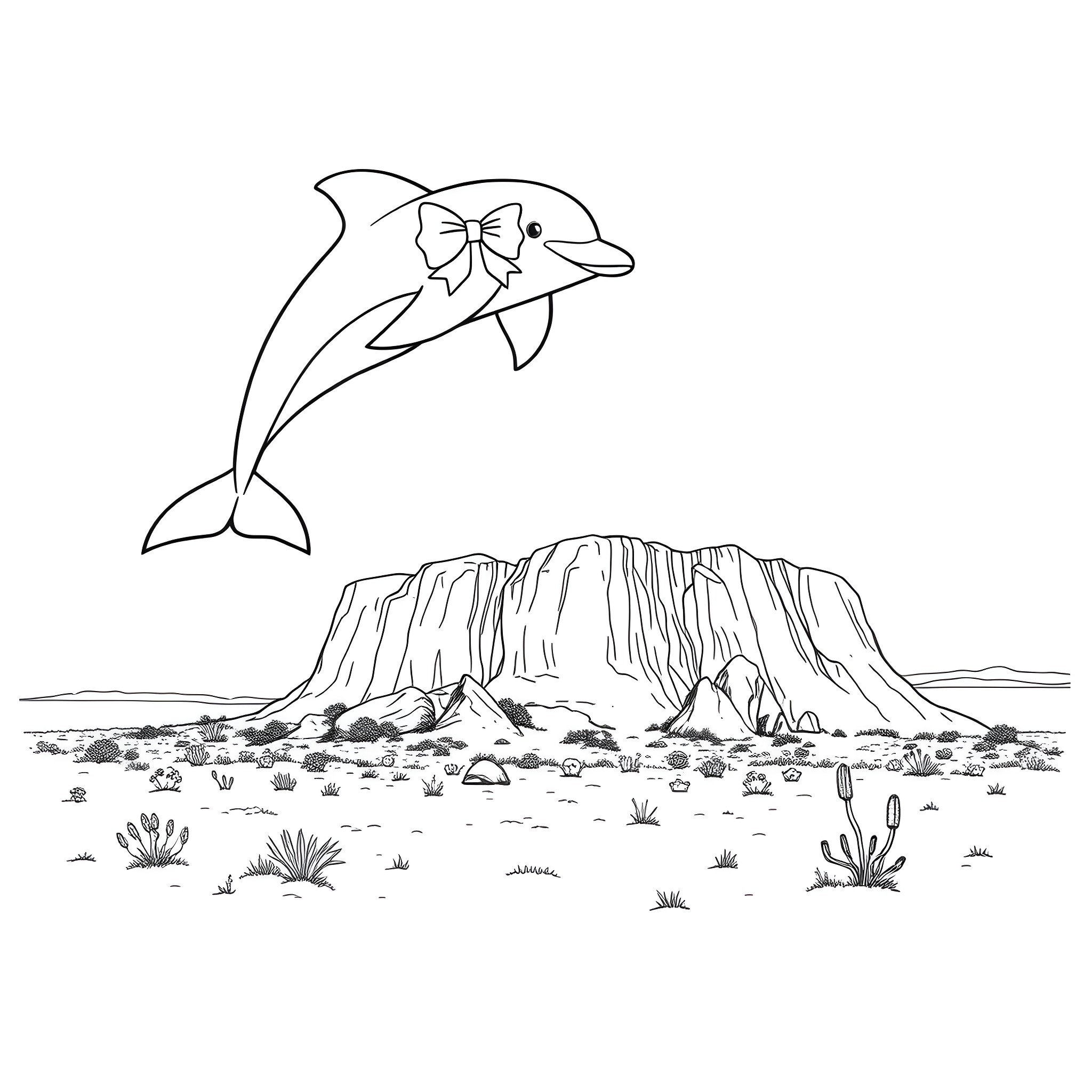 Dolphin jumping over desert landscape Coloring Page (free black-and-white line drawing printable PDF for all, from beginners to advanced learners, including children, teens, adults, and seniors)
