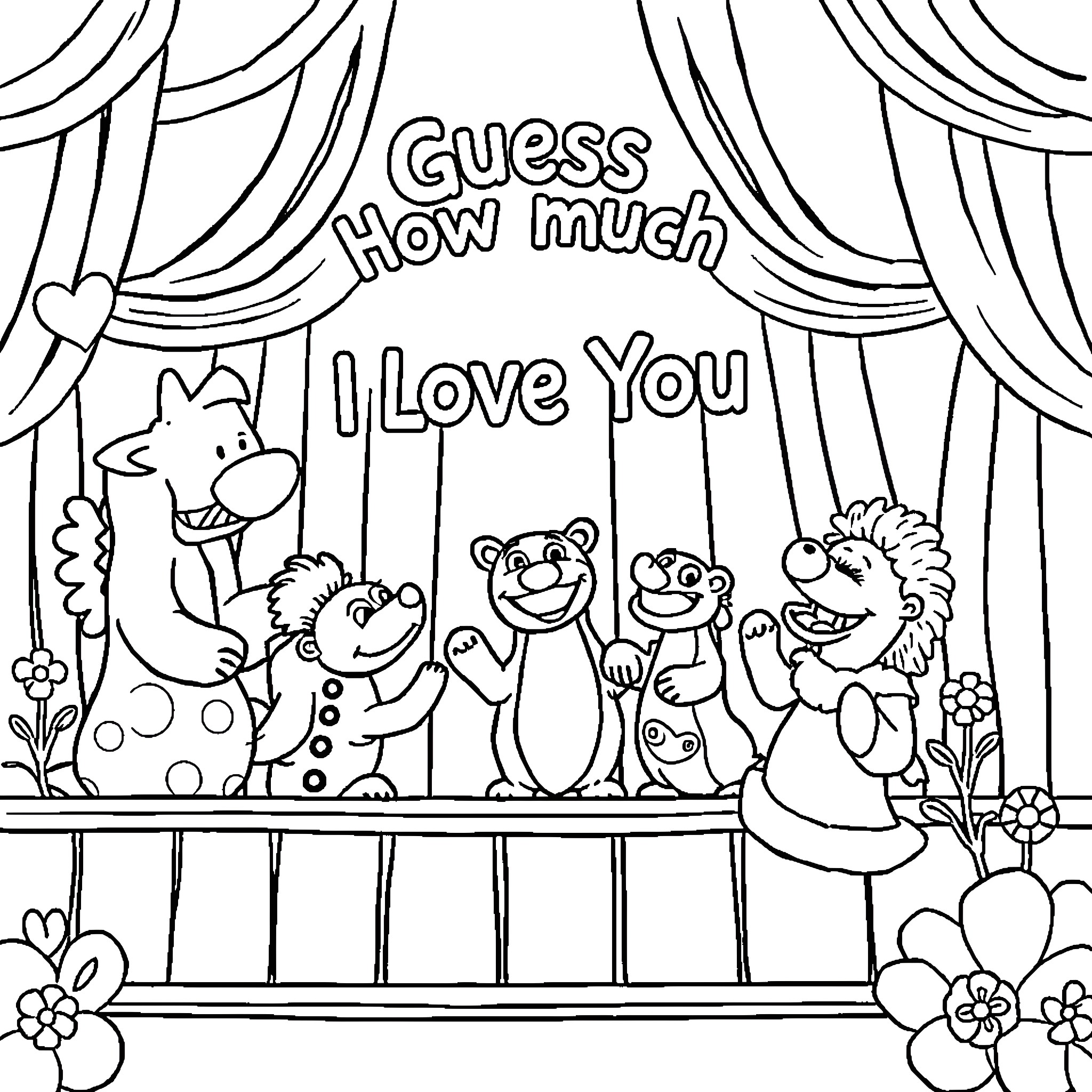 Guess How Much I Love You Featuring Plush Toys on Stage Coloring Page (free black-and-white line drawing printable PDF for all, from beginners to advanced learners, including children, teens, adults, and seniors)