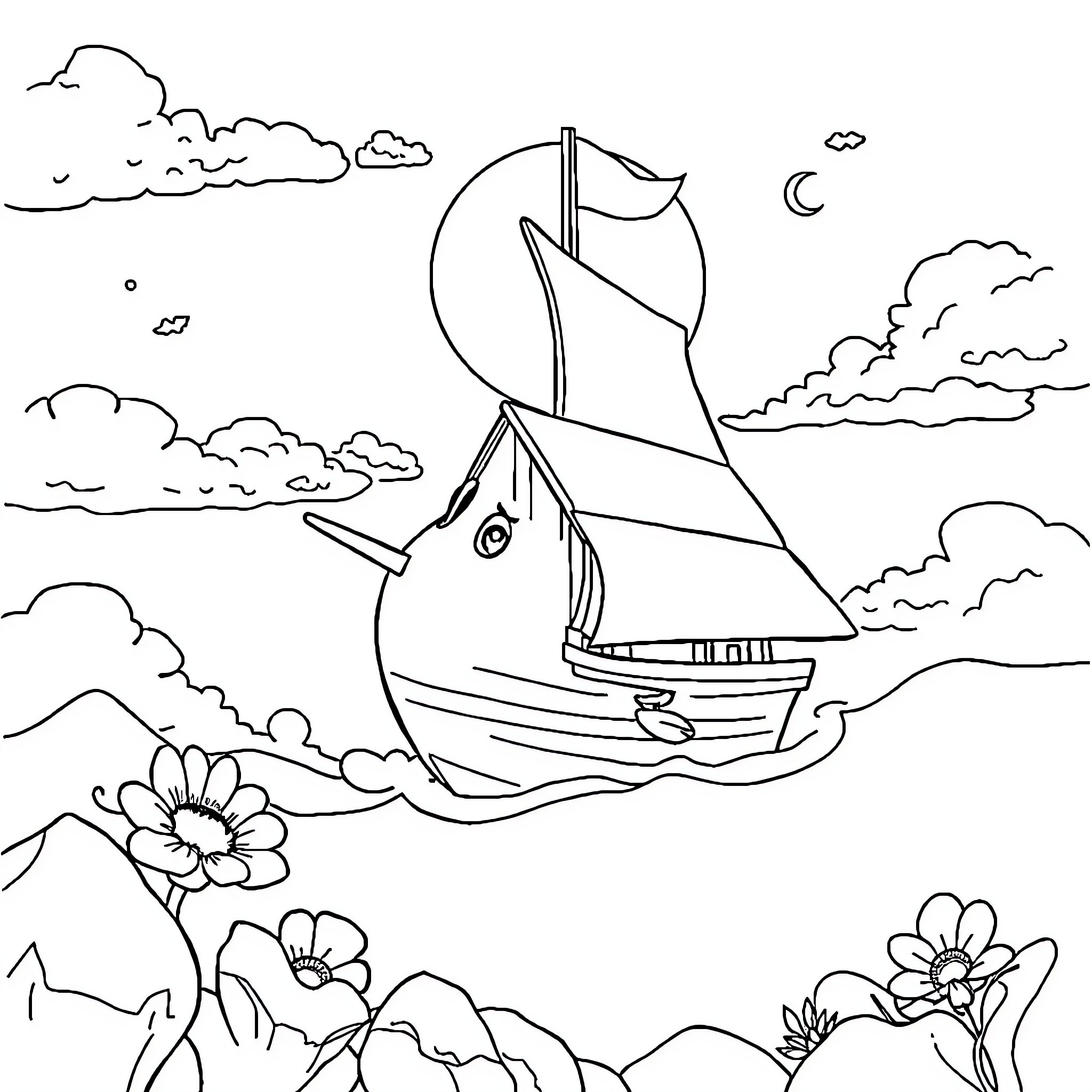 Boat sailing on a starry night with flowers Coloring Page (free black-and-white line drawing printable PDF for all, from beginners to advanced learners, including children, teens, adults, and seniors)