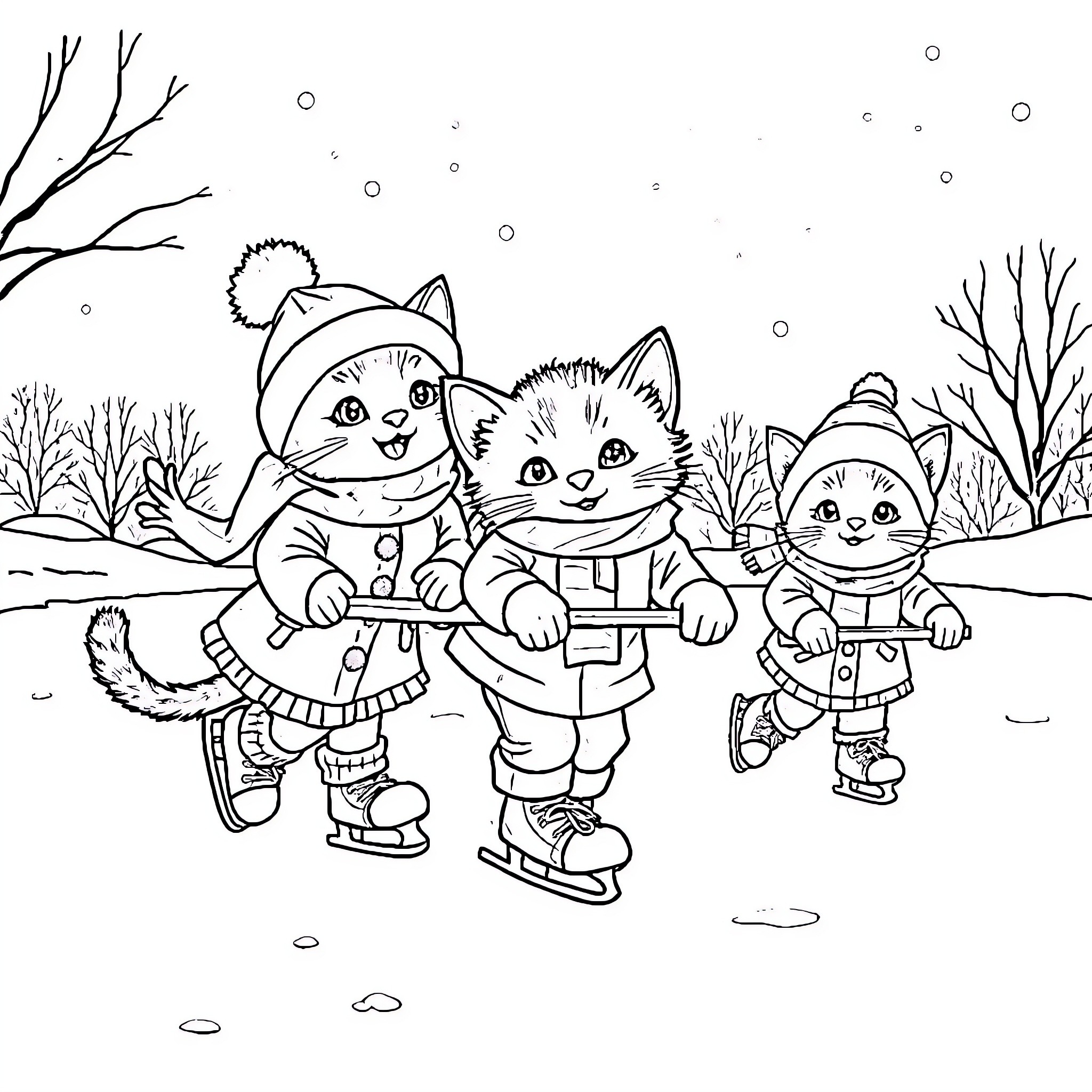 Kittens Skating on Snowy Winter Day Coloring Page (free black-and-white line drawing printable PDF for all, from beginners to advanced learners, including children, teens, adults, and seniors)