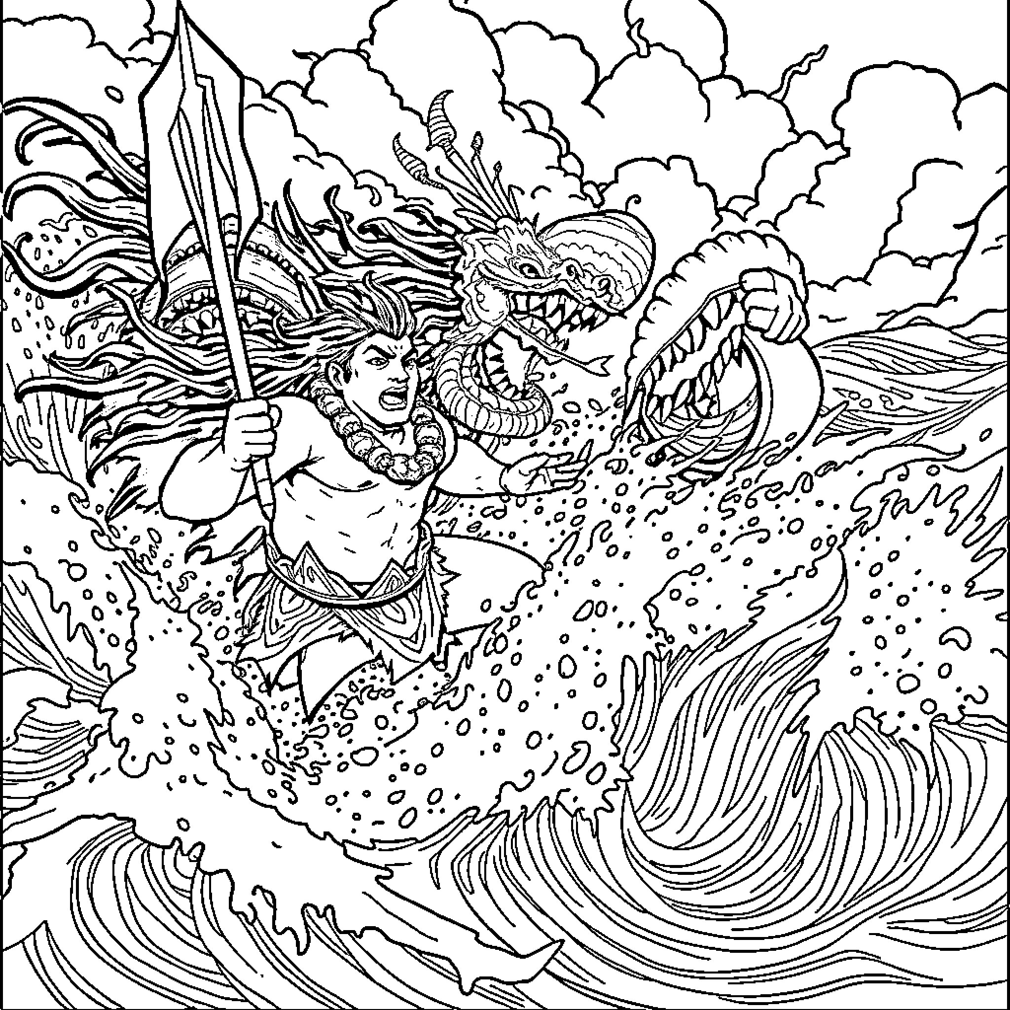 Maui battling a fearsome sea monster in the churning waves Coloring Page (free black-and-white line drawing printable PDF for all, from beginners to advanced learners, including children, teens, adults, and seniors)
