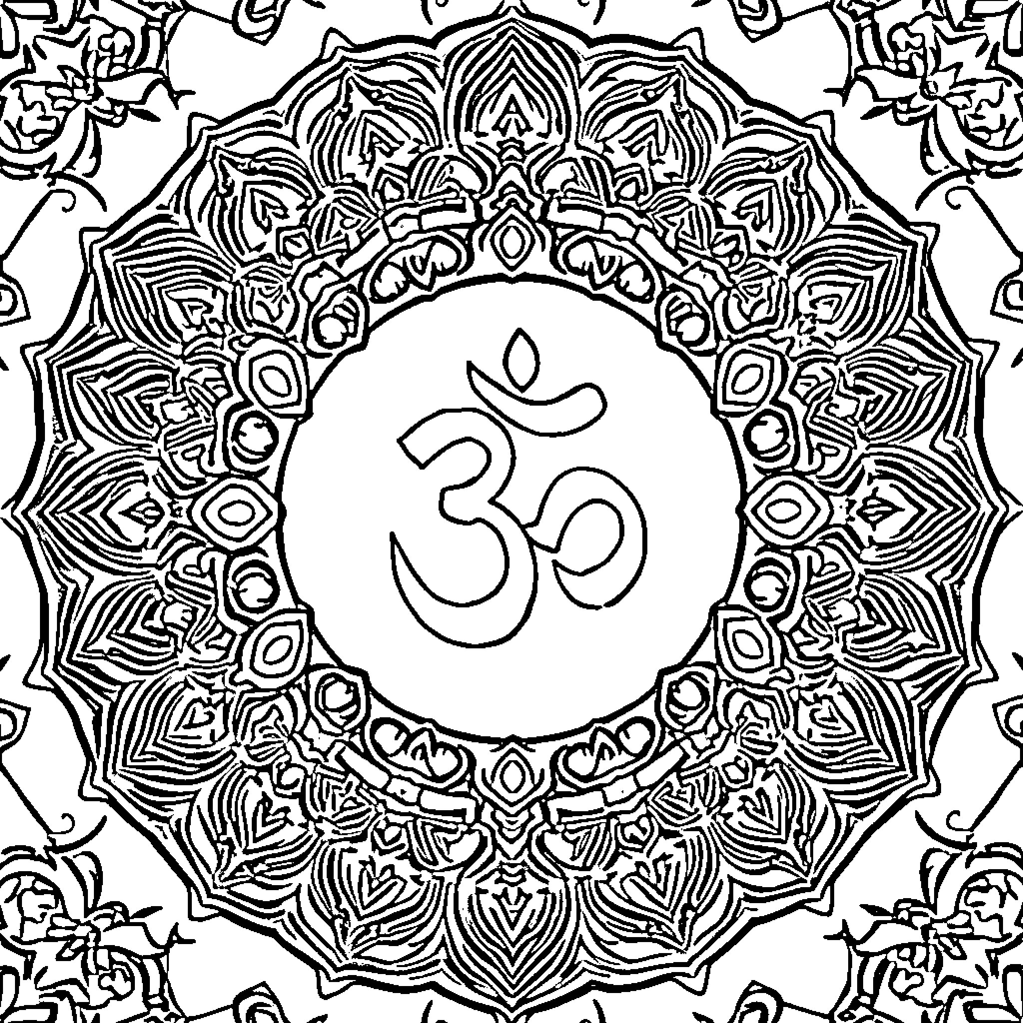Om Mandala of Intricate Geometric Patterns Coloring Page (free black-and-white line drawing printable PDF for all, from beginners to advanced learners, including children, teens, adults, and seniors)