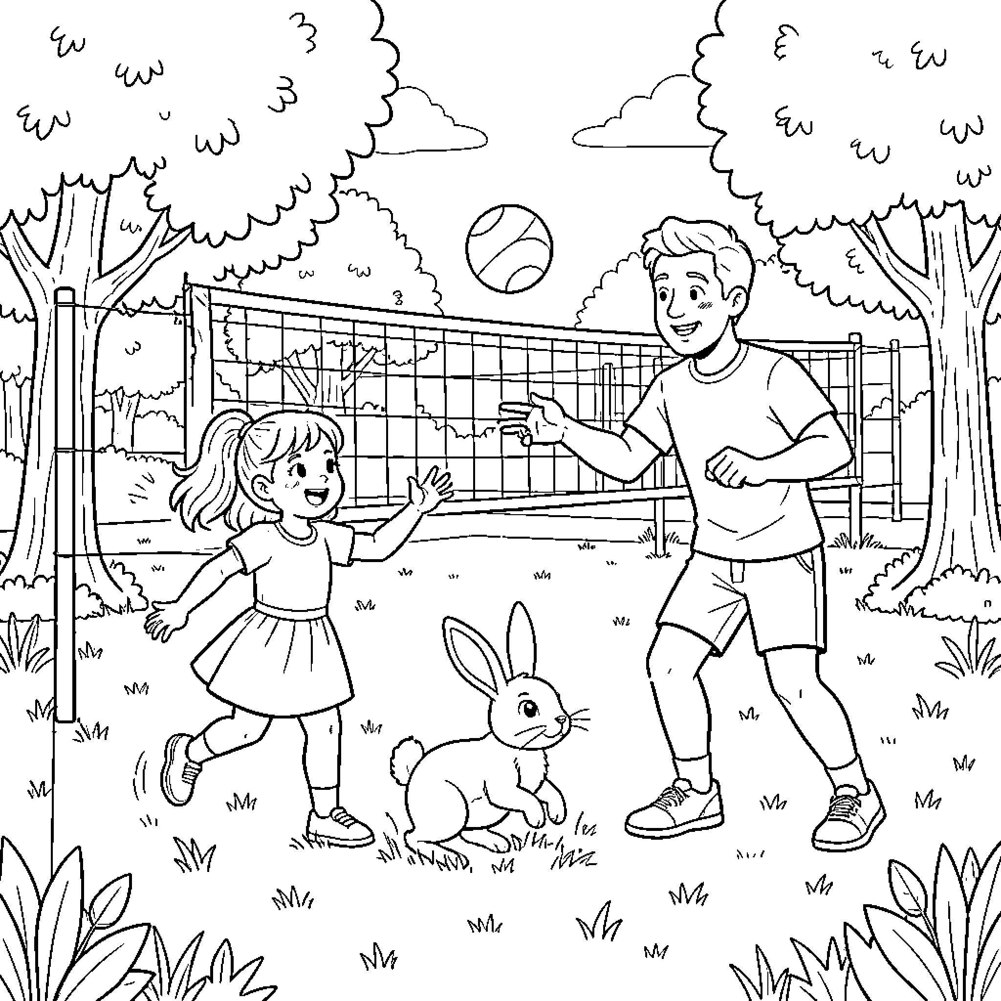Conejo playing with children in the park Coloring Page (free black-and-white line drawing printable PDF for all, from beginners to advanced learners, including children, teens, adults, and seniors)