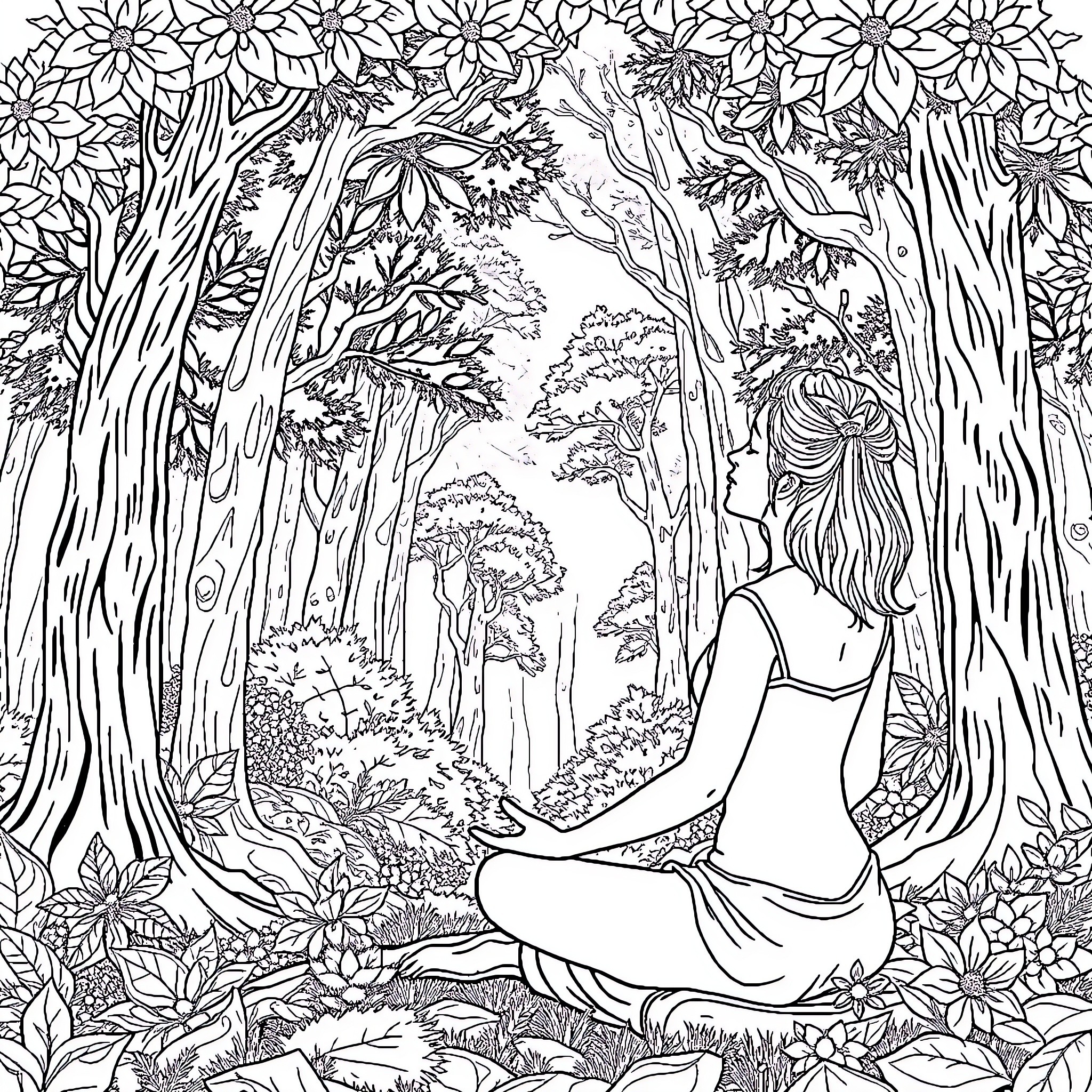 Woman meditating in serene forest landscape Coloring Page (free black-and-white line drawing printable PDF for all, from beginners to advanced learners, including children, teens, adults, and seniors)