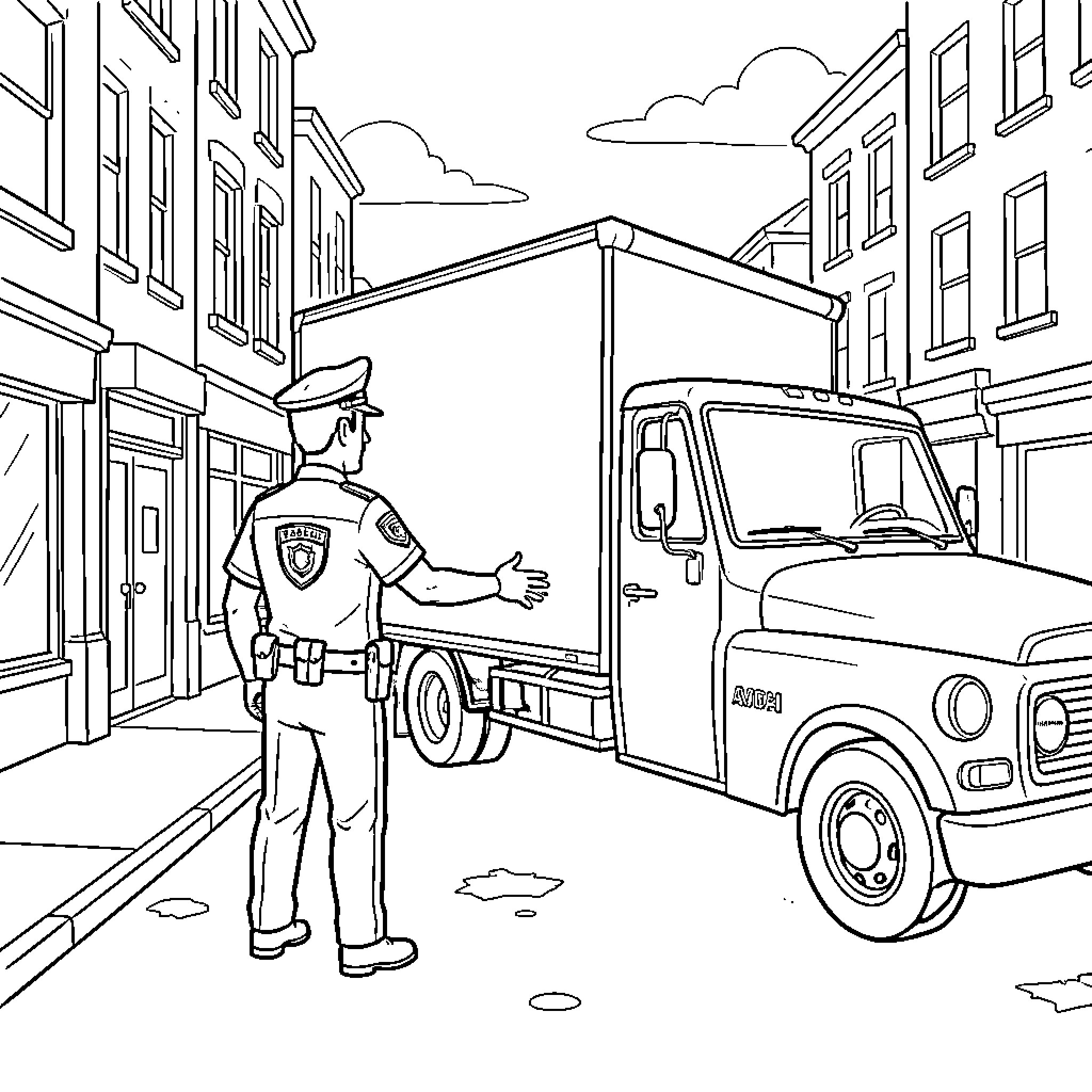 Police officer gesturing towards a large delivery truck Coloring Page (free black-and-white line drawing printable PDF for all, from beginners to advanced learners, including children, teens, adults, and seniors)
