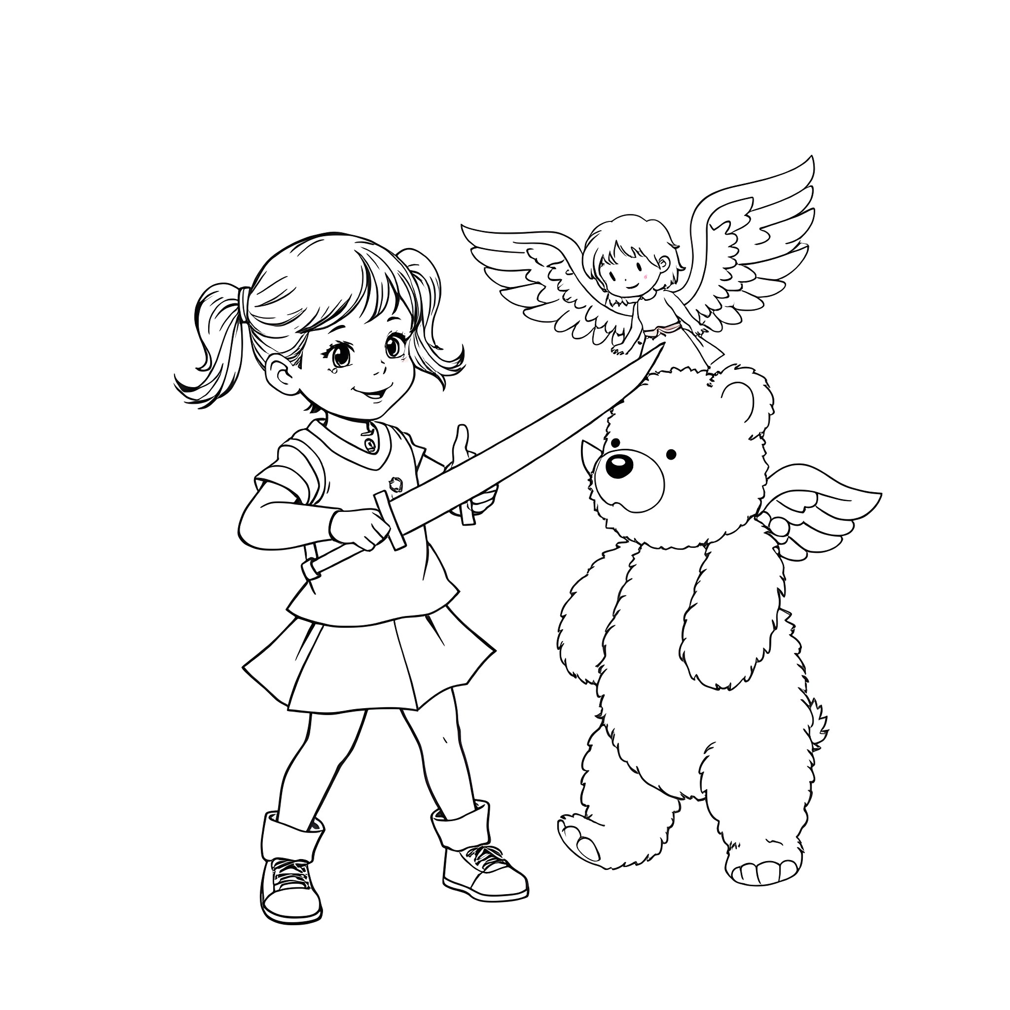 Girl playing with winged stuffed animals Coloring Page (free black-and-white line drawing printable PDF for all, from beginners to advanced learners, including children, teens, adults, and seniors)