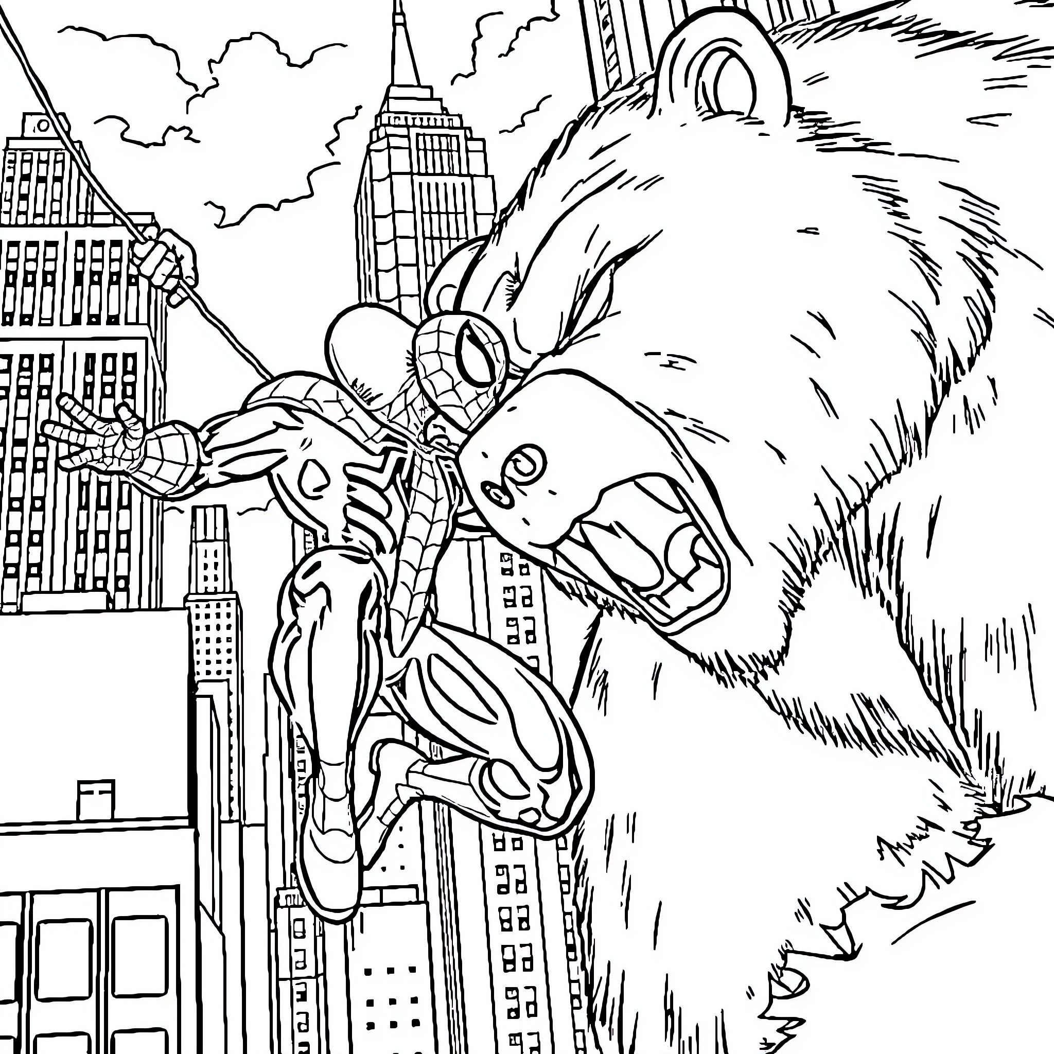 Spiderman swinging through the city skyline Coloring Page (free black-and-white line drawing printable PDF for all, from beginners to advanced learners, including children, teens, adults, and seniors)