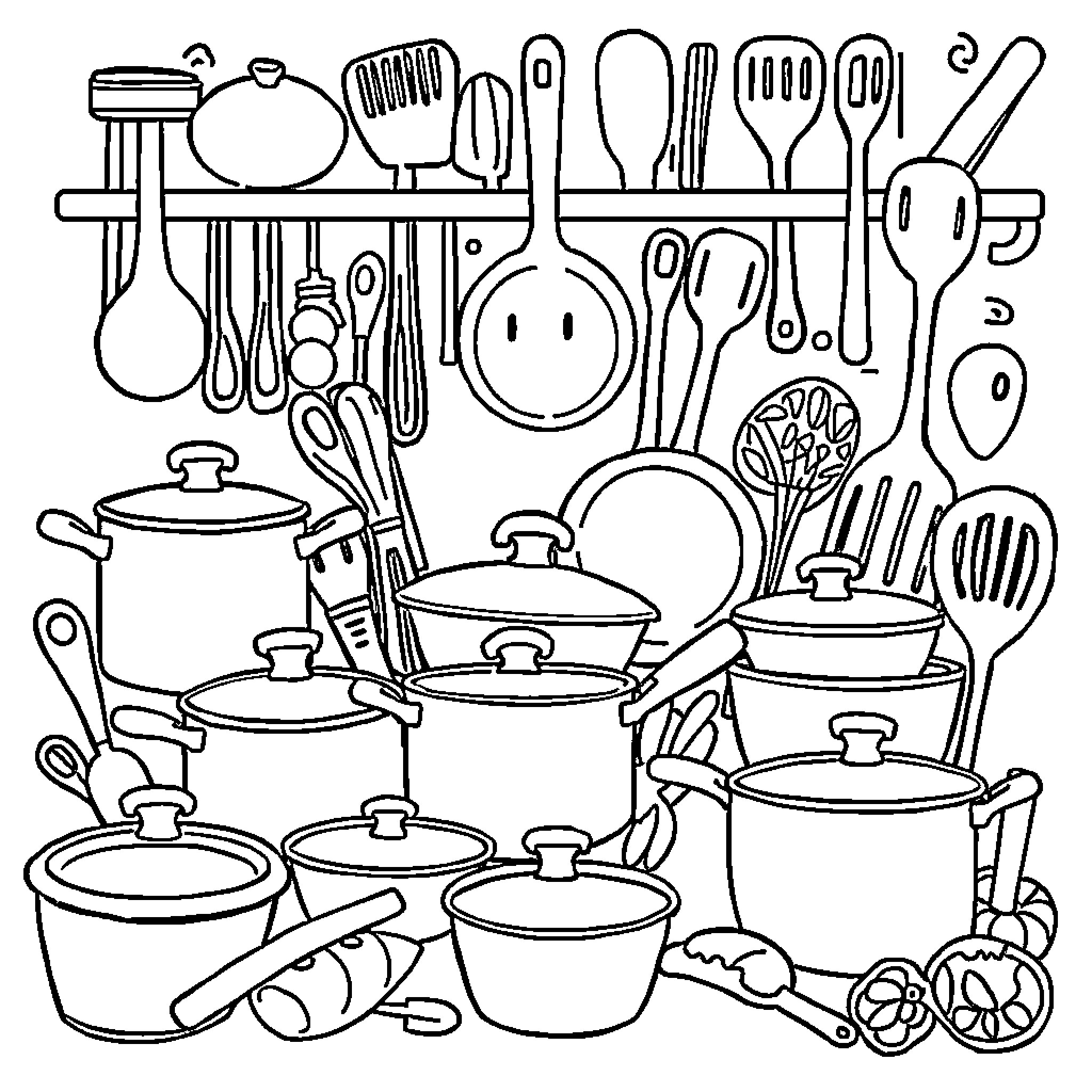 Kitchen Item Assortment in Monochrome Coloring Page (free black-and-white line drawing printable PDF for all, from beginners to advanced learners, including children, teens, adults, and seniors)