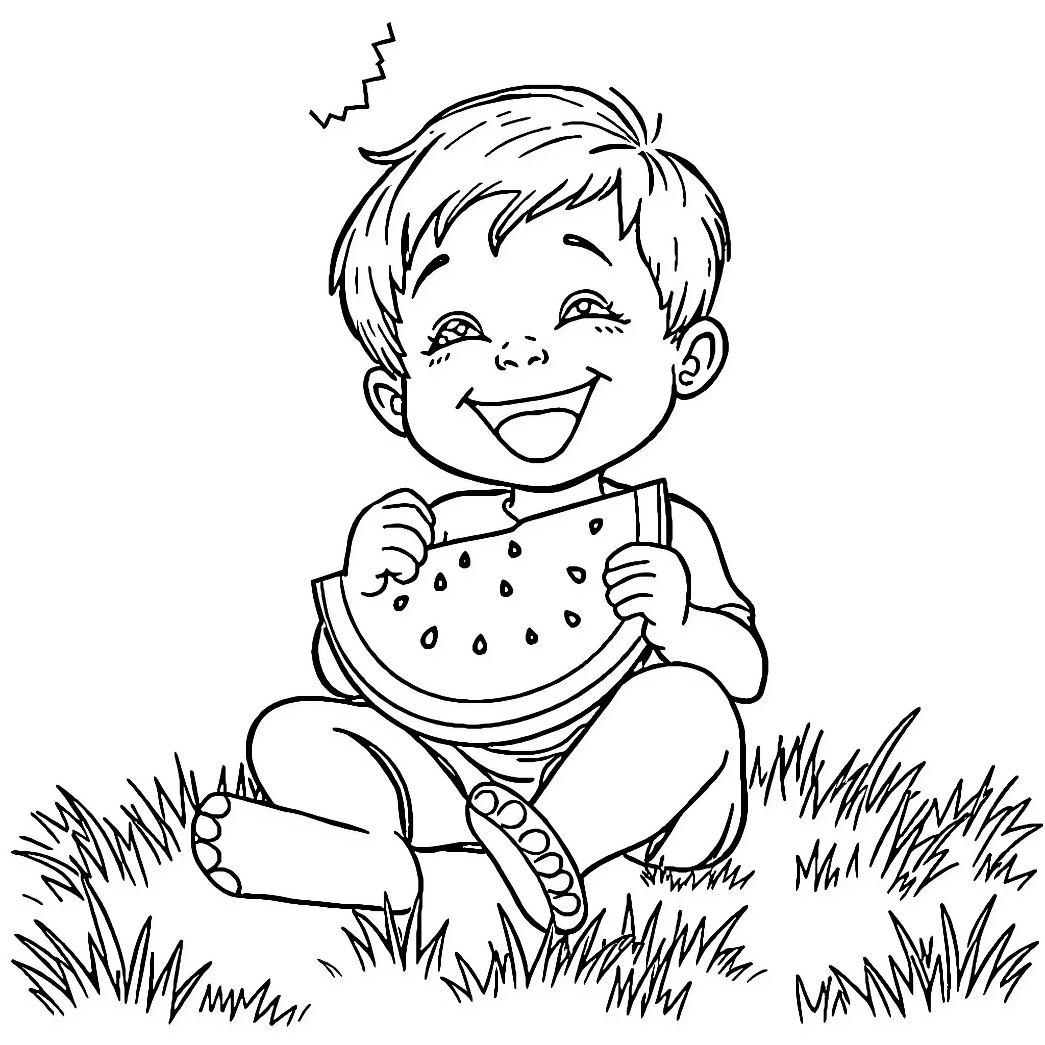 Child happily eating watermelon outdoors Coloring Page (free black-and-white line drawing printable PDF for all, from beginners to advanced learners, including children, teens, adults, and seniors)