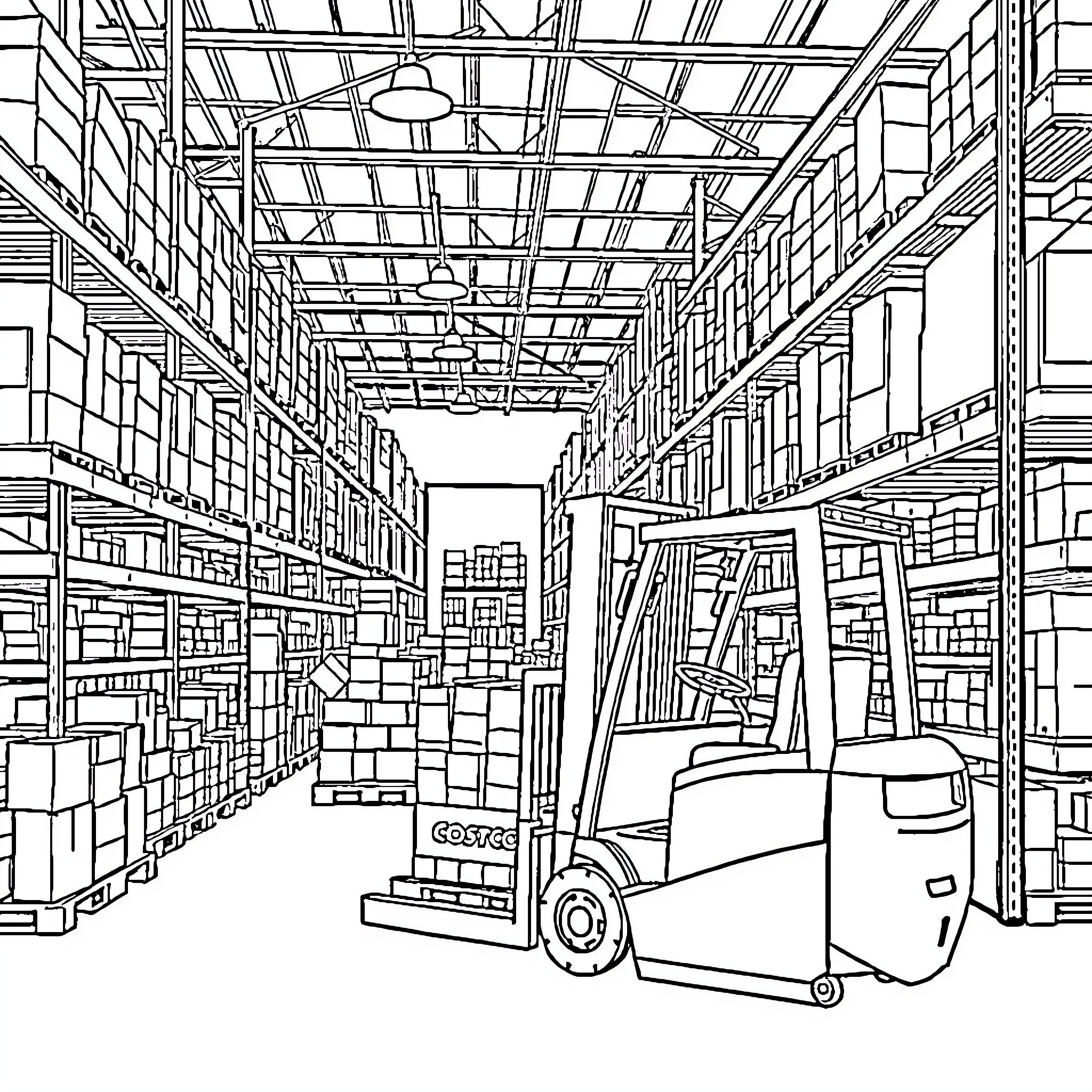 Costco Warehouse: Bustling with Shelves and Forklifts Coloring Page (free black-and-white line drawing printable PDF for all, from beginners to advanced learners, including children, teens, adults, and seniors)