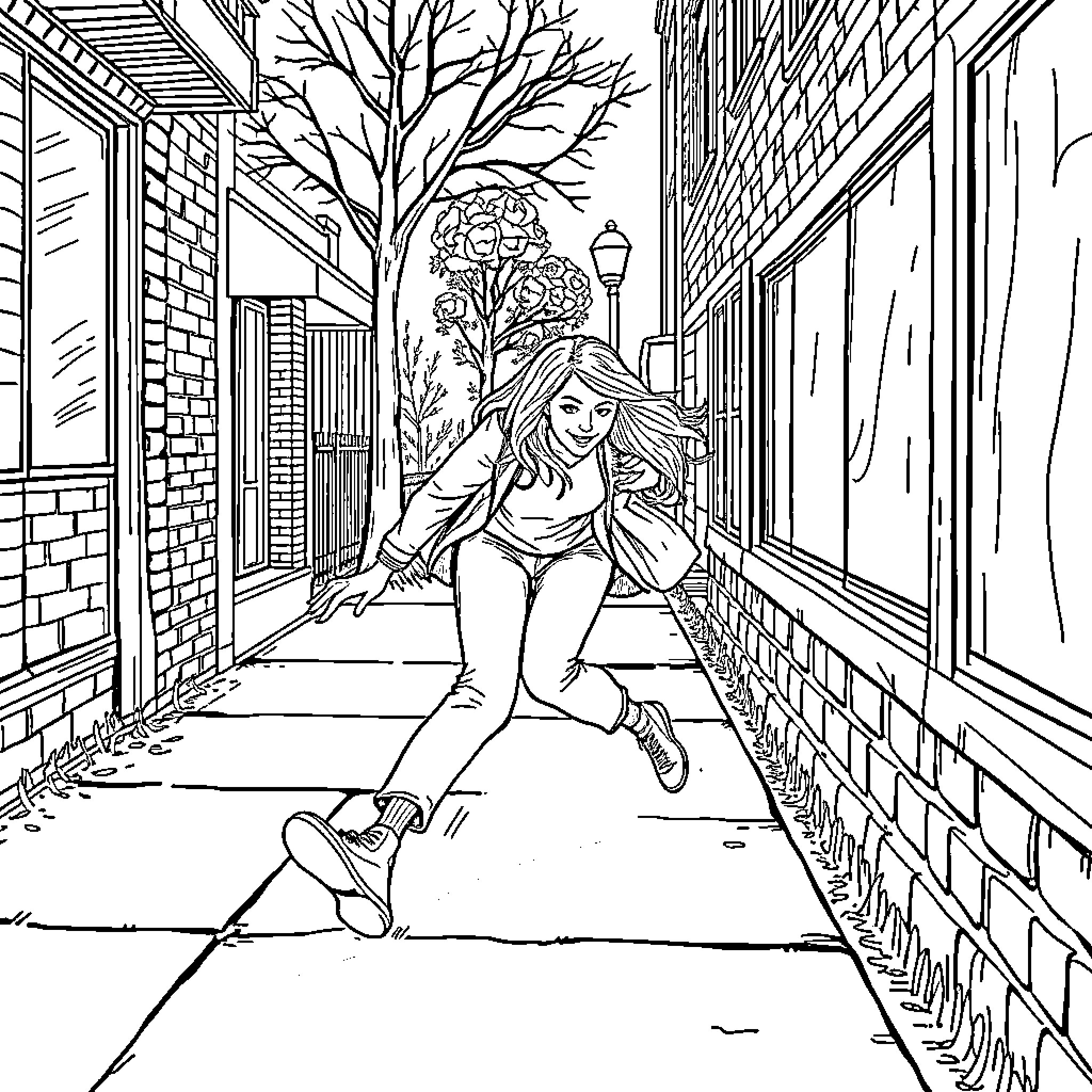 Amber Honcharoff Strolls Through the Urban Landscape Coloring Page (free black-and-white line drawing printable PDF for all, from beginners to advanced learners, including children, teens, adults, and seniors)