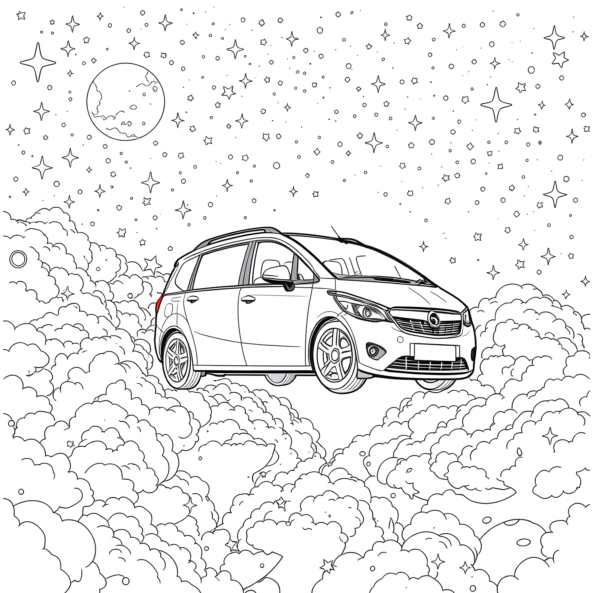 Opel Zafira driving through the starry night sky Coloring Page (free black-and-white line drawing printable PDF for all, from beginners to advanced learners, including children, teens, adults, and seniors)