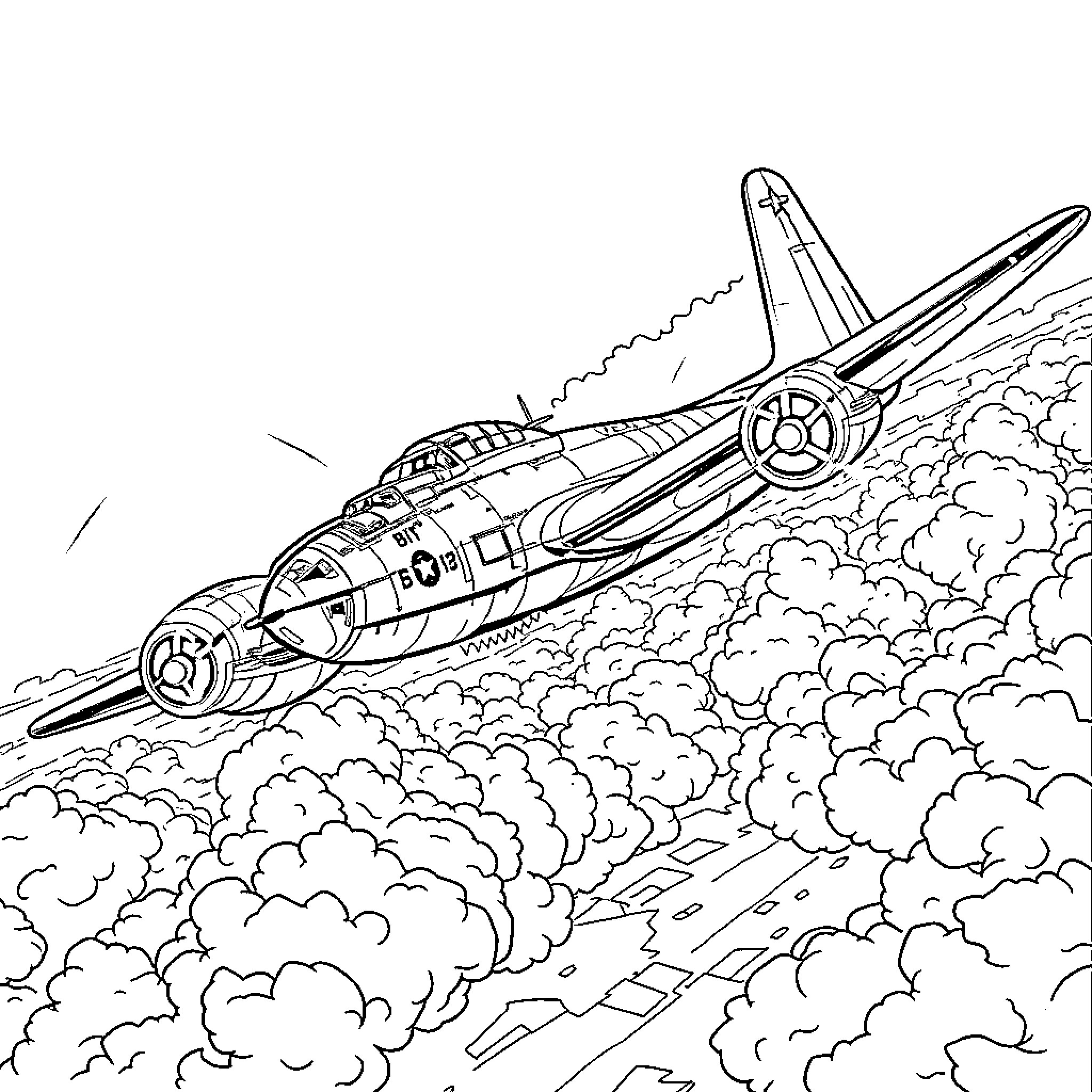 B-17 bomber aircraft soaring through clouds Coloring Page (free black-and-white line drawing printable PDF for all, from beginners to advanced learners, including children, teens, adults, and seniors)