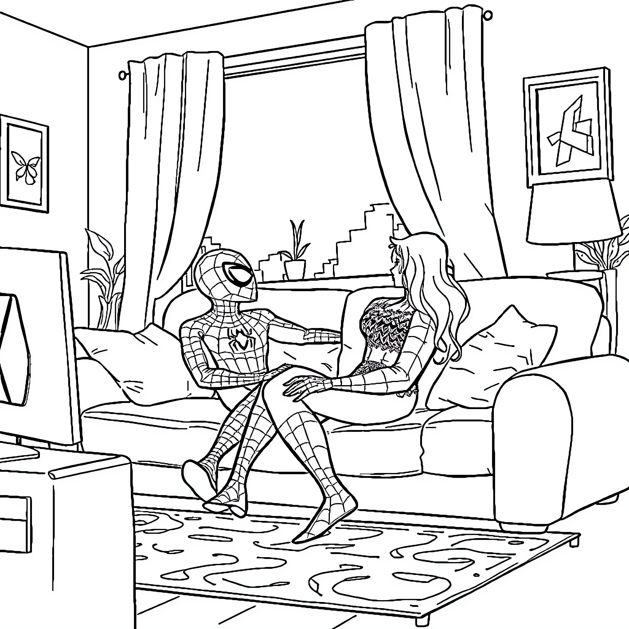Spiderman interacting with a young woman in a cozy living room Coloring Page (free black-and-white line drawing printable PDF for all, from beginners to advanced learners, including children, teens, adults, and seniors)