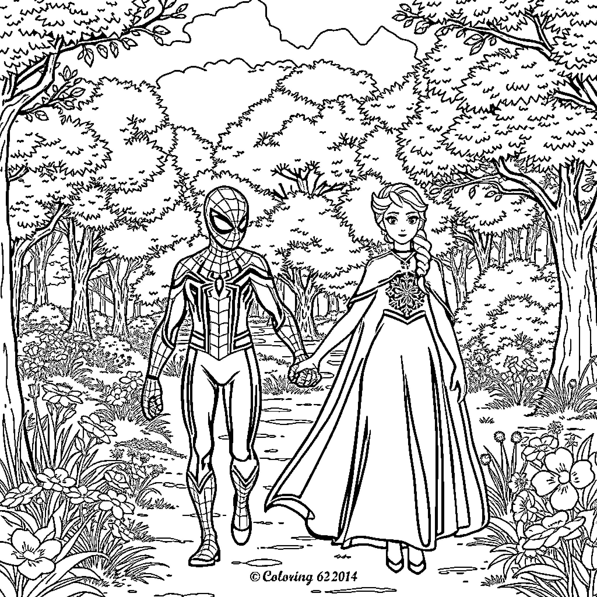 Spiderman and Queen Elsa's Adventure in the Forest Coloring Page (free black-and-white line drawing printable PDF for all, from beginners to advanced learners, including children, teens, adults, and seniors)