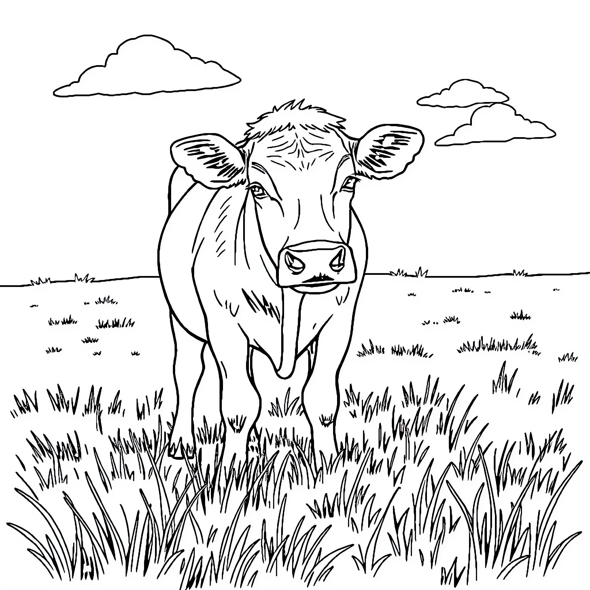 Cow exploring the grassy meadow Coloring Page (free black-and-white line drawing printable PDF for all, from beginners to advanced learners, including children, teens, adults, and seniors)