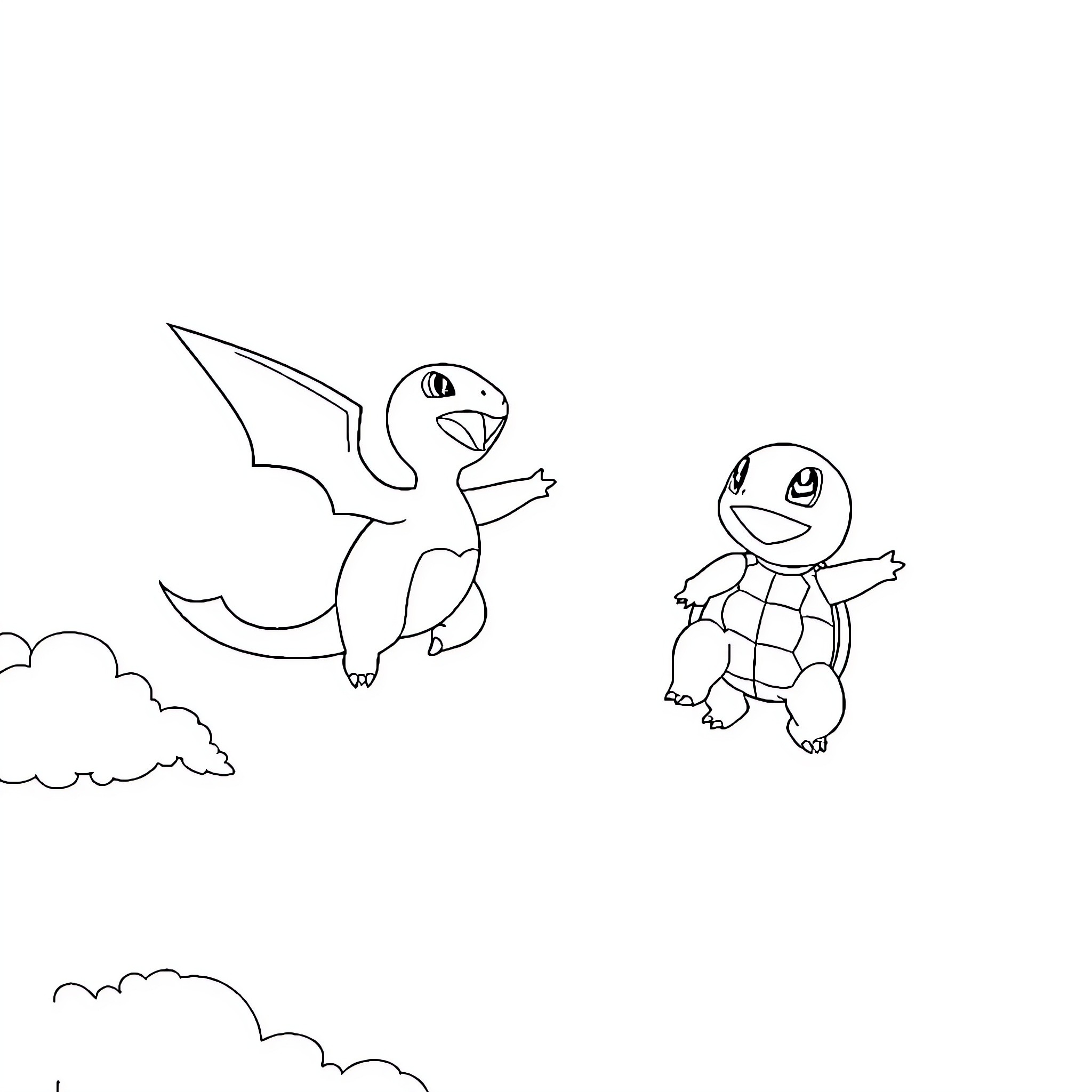 Charmander and Squirtle playing together in the clouds Coloring Page (free black-and-white line drawing printable PDF for all, from beginners to advanced learners, including children, teens, adults, and seniors)
