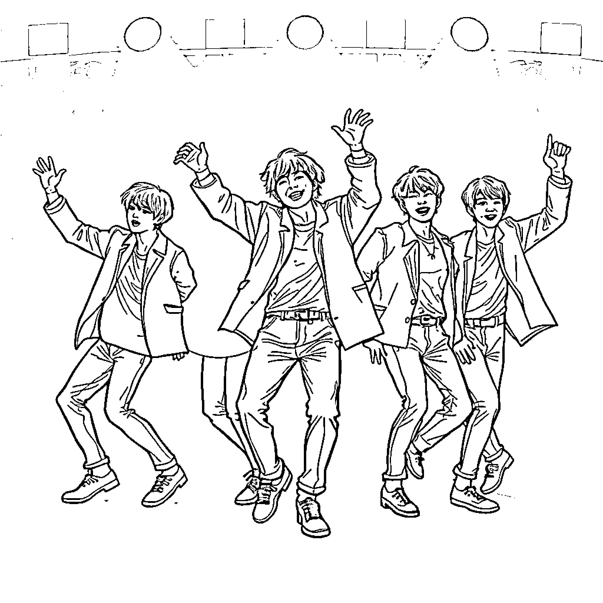 BTS Members Joyfully Celebrating and Posing Coloring Page (free black-and-white line drawing printable PDF for all, from beginners to advanced learners, including children, teens, adults, and seniors)