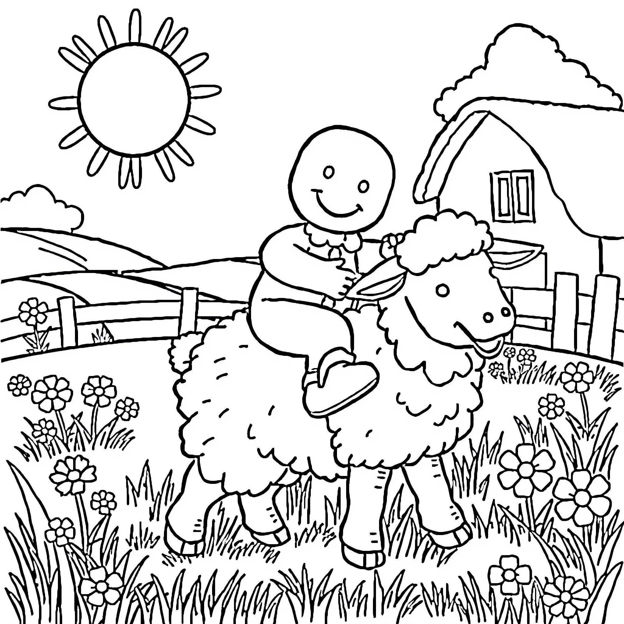 Gingerbread Man riding a friendly sheep in a scenic landscape Coloring Page (free black-and-white line drawing printable PDF for all, from beginners to advanced learners, including children, teens, adults, and seniors)