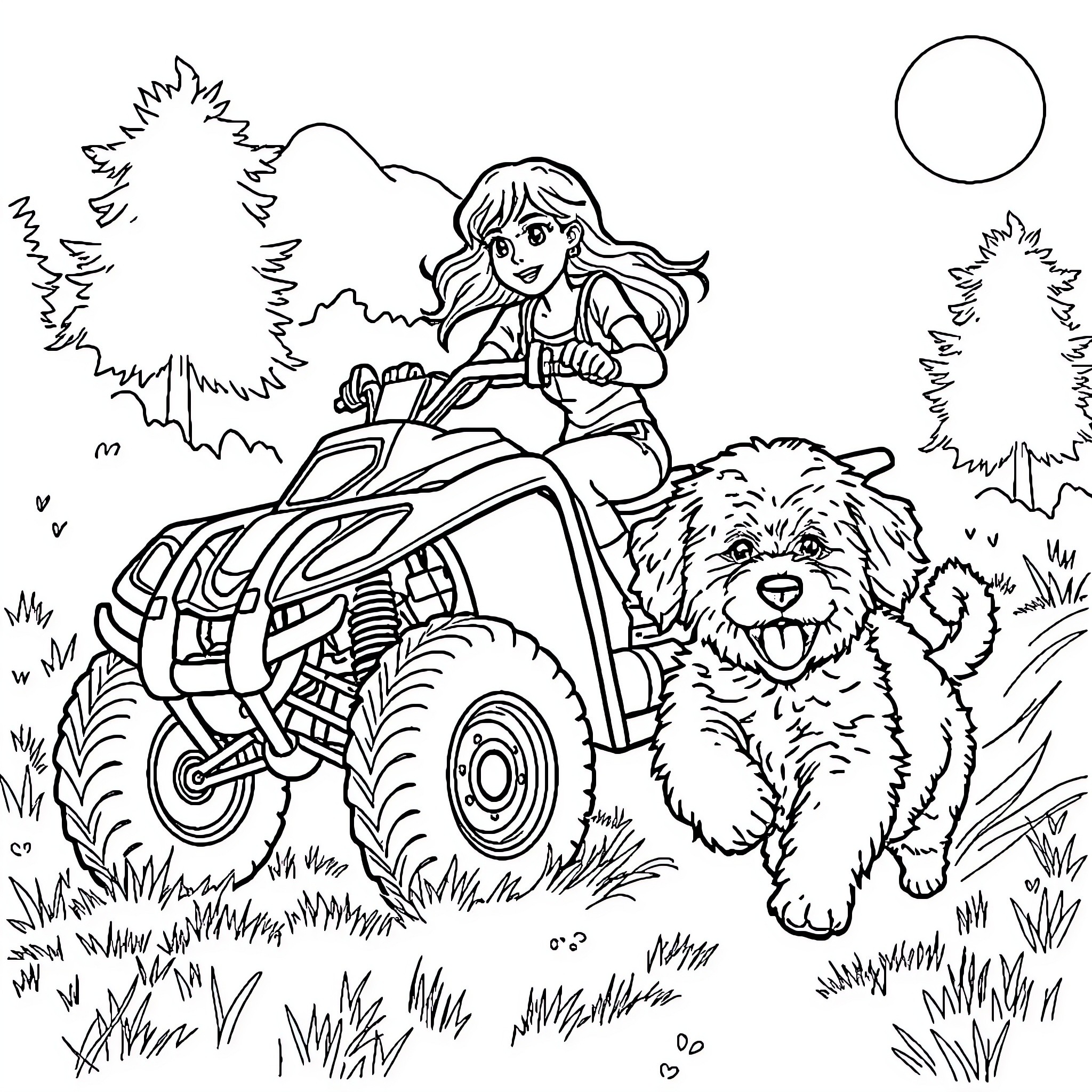 Goldendoodle enjoying an outdoor adventure with a girl on an ATV Coloring Page (free black-and-white line drawing printable PDF for all, from beginners to advanced learners, including children, teens, adults, and seniors)