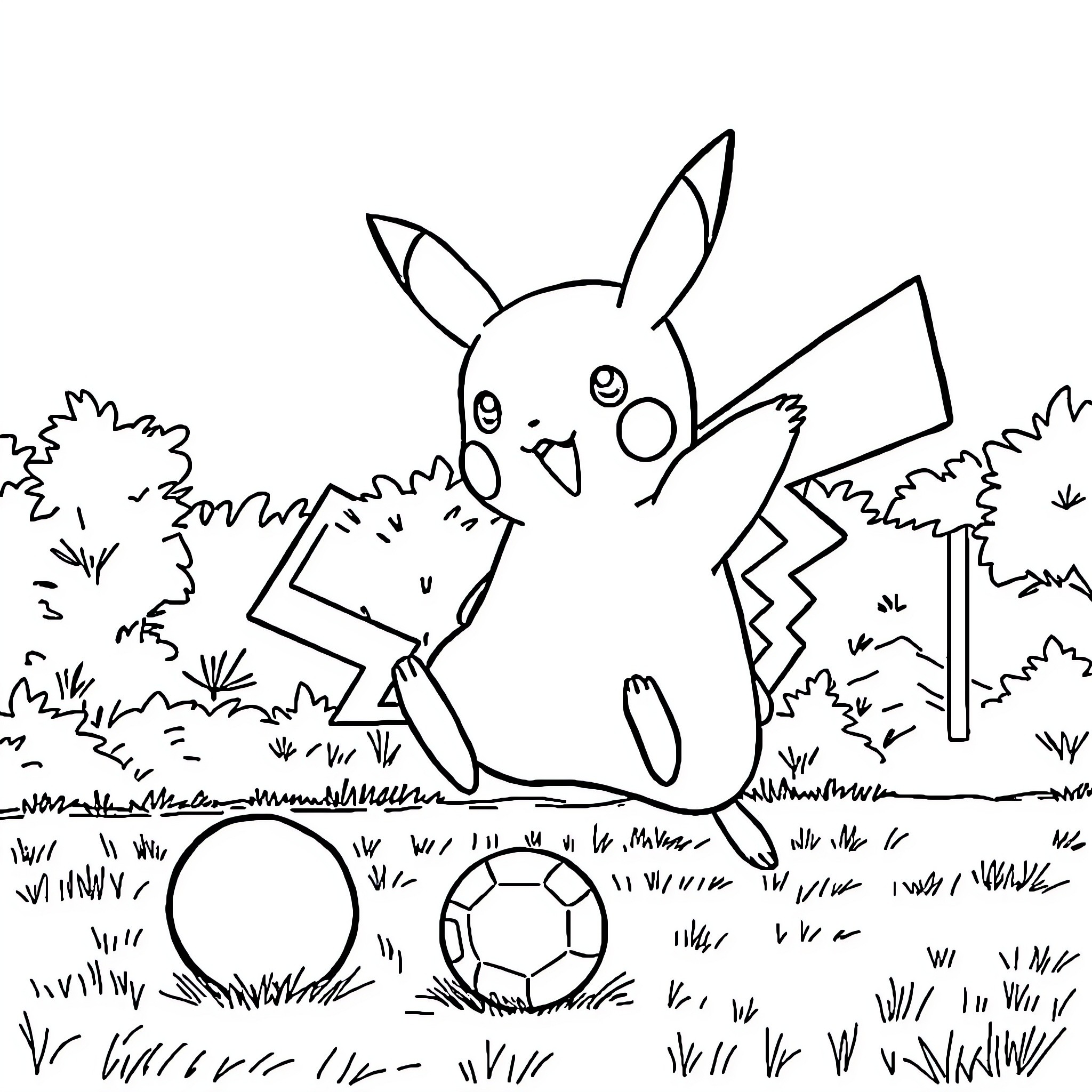 Pikachu playing happily with a soccer ball in the park Coloring Page (free black-and-white line drawing printable PDF for all, from beginners to advanced learners, including children, teens, adults, and seniors)
