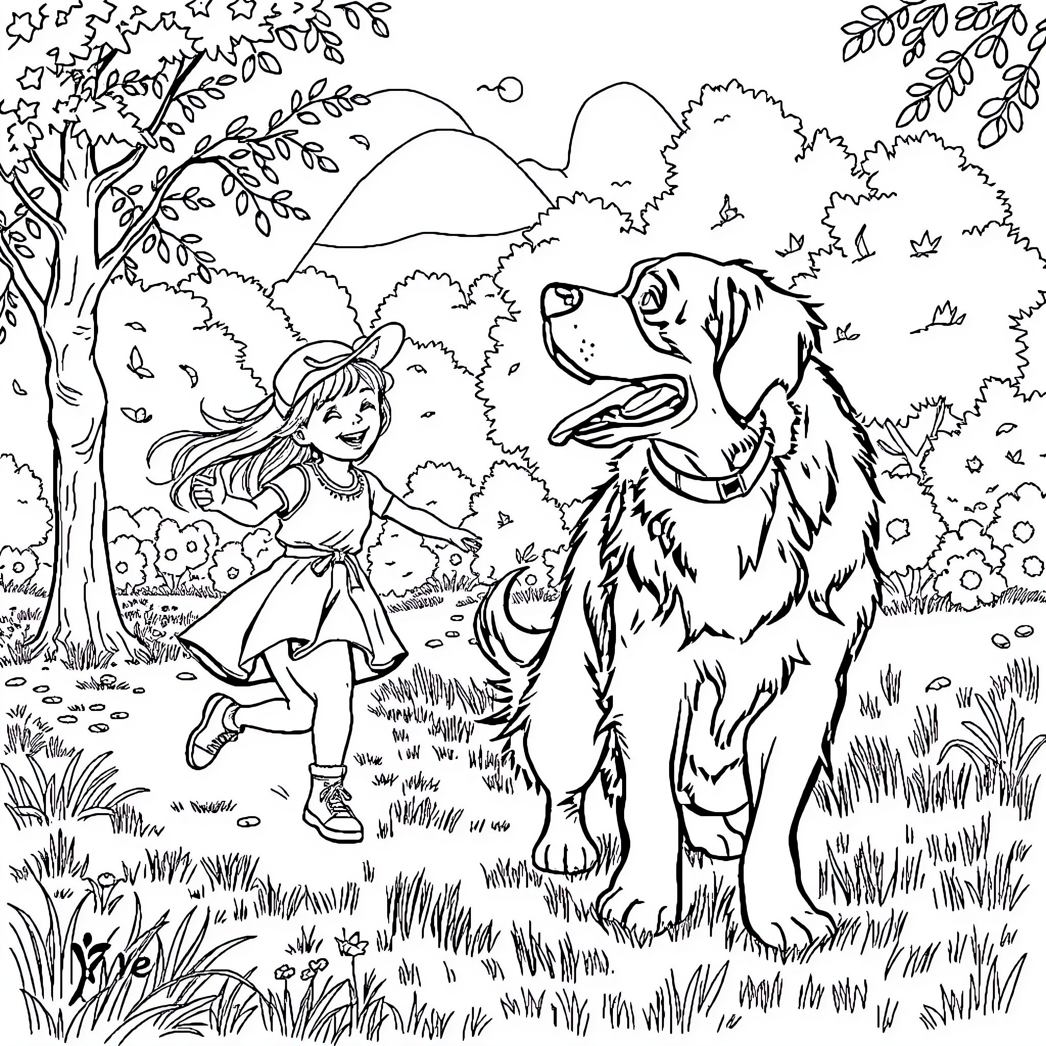 Girl playing with her loyal dog in the wilderness Coloring Page (free black-and-white line drawing printable PDF for all, from beginners to advanced learners, including children, teens, adults, and seniors)