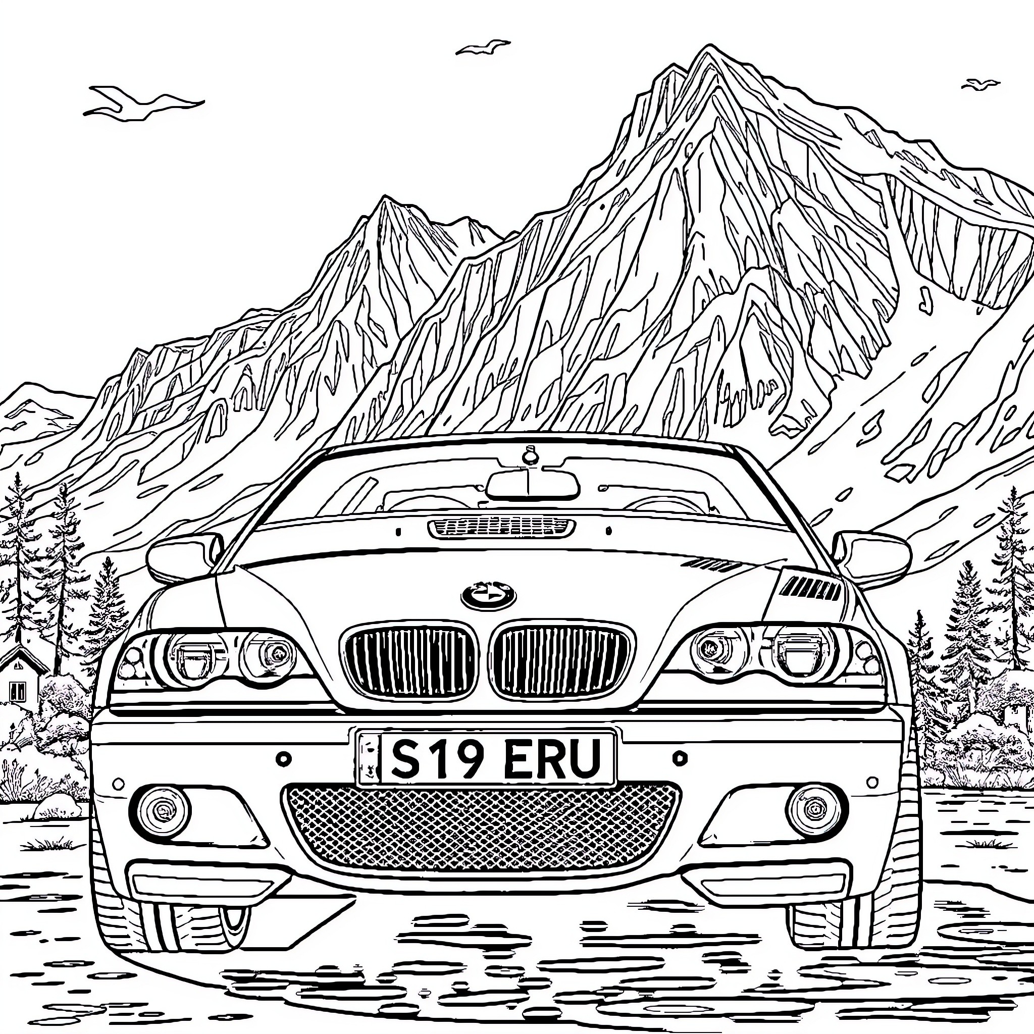 BMW in a Majestic Mountain Landscape Coloring Page (free black-and-white line drawing printable PDF for all, from beginners to advanced learners, including children, teens, adults, and seniors)