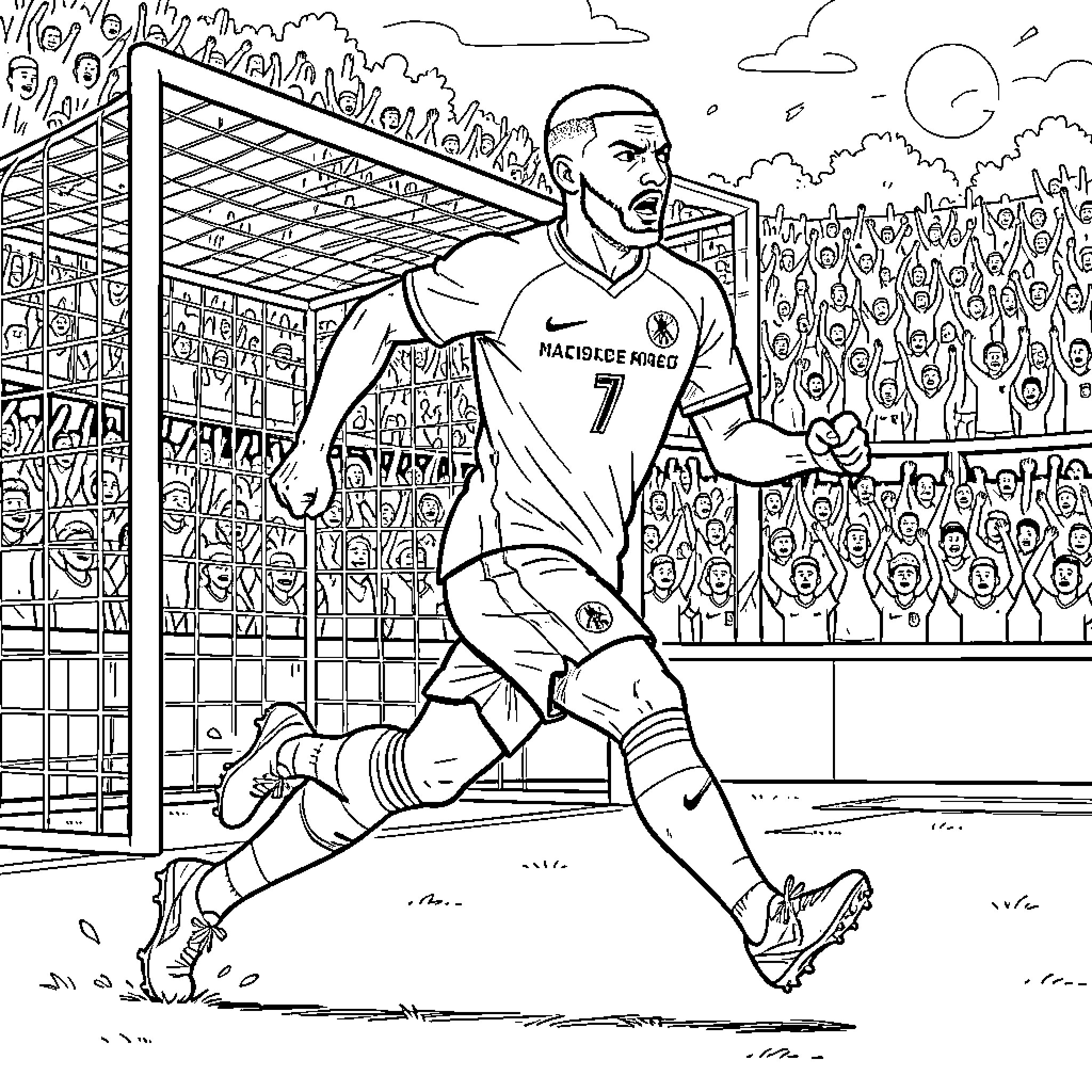 Mbappe running excitedly on a soccer field Coloring Page (free black-and-white line drawing printable PDF for all, from beginners to advanced learners, including children, teens, adults, and seniors)