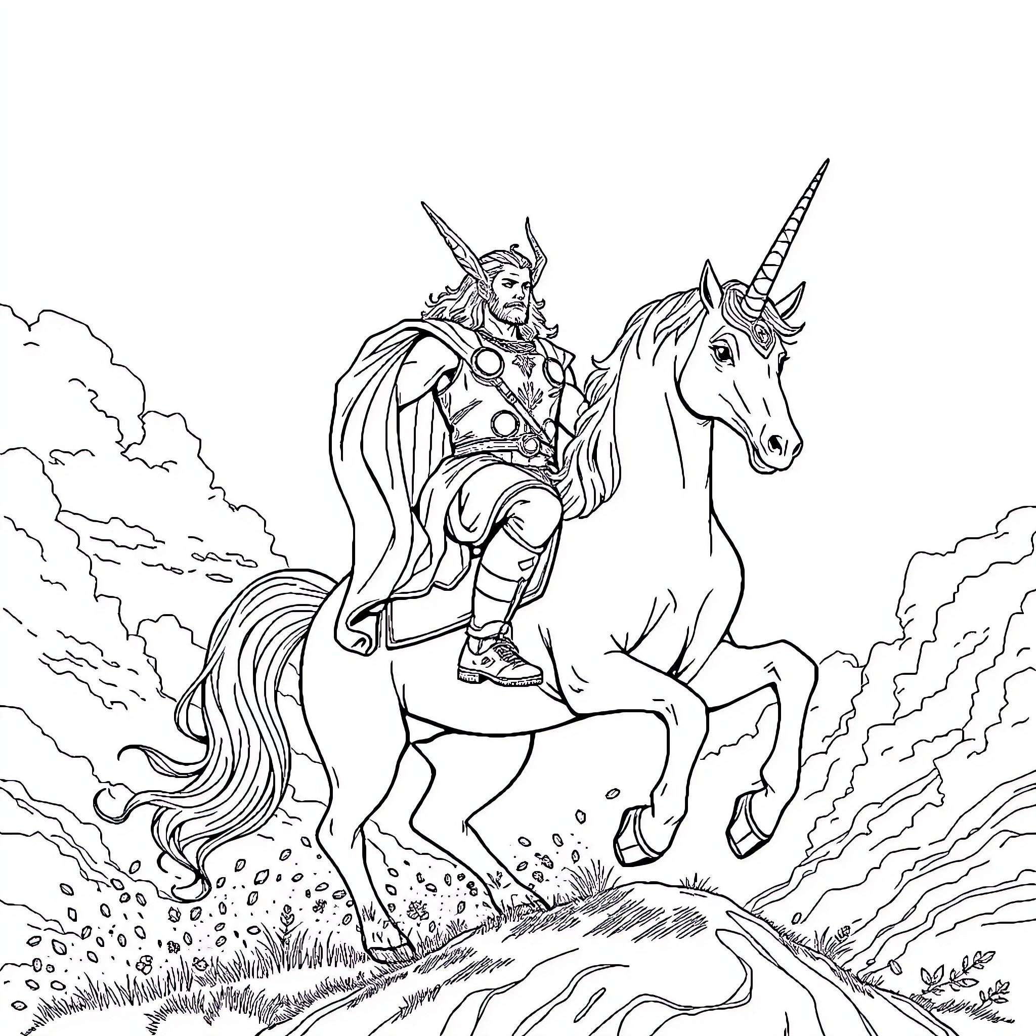 Thor Riding a Majestic Unicorn on an Epic Journey Coloring Page (free black-and-white line drawing printable PDF for all, from beginners to advanced learners, including children, teens, adults, and seniors)