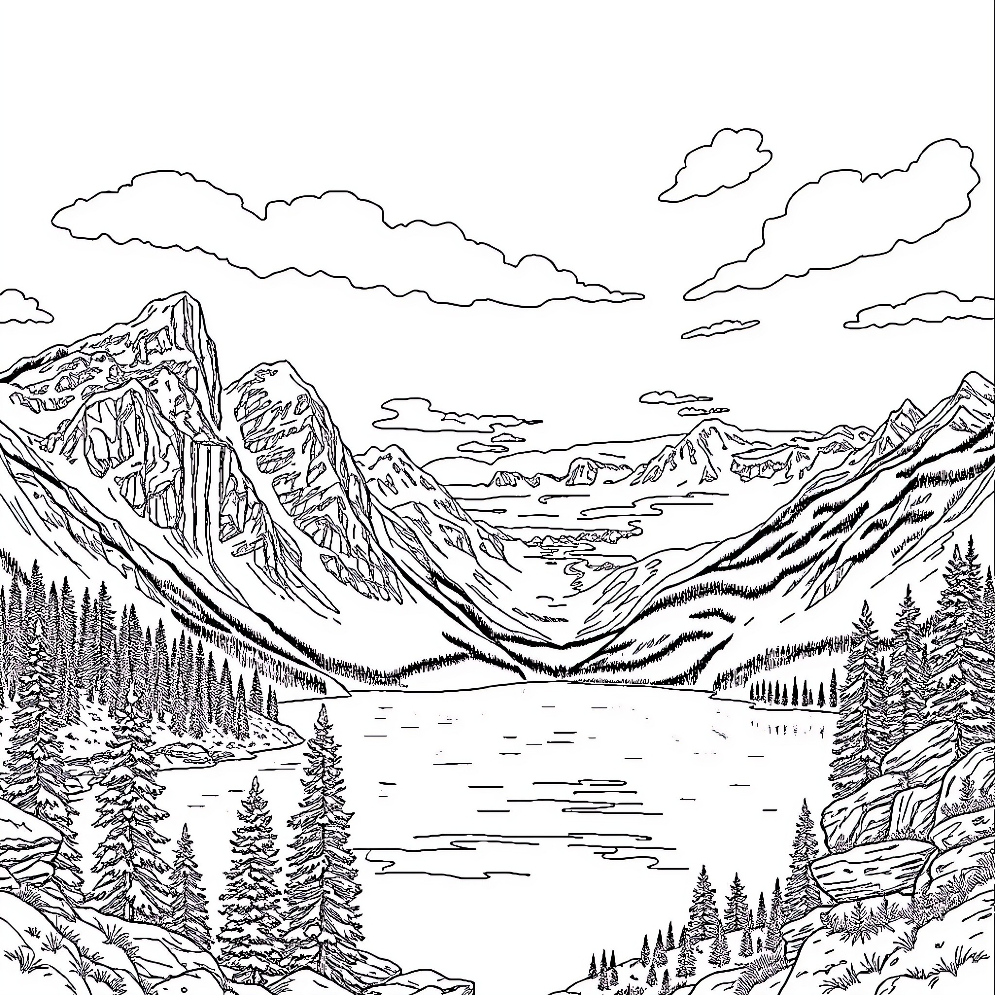 Rocky mountainous landscape with tranquil lake Coloring Page (free black-and-white line drawing printable PDF for all, from beginners to advanced learners, including children, teens, adults, and seniors)