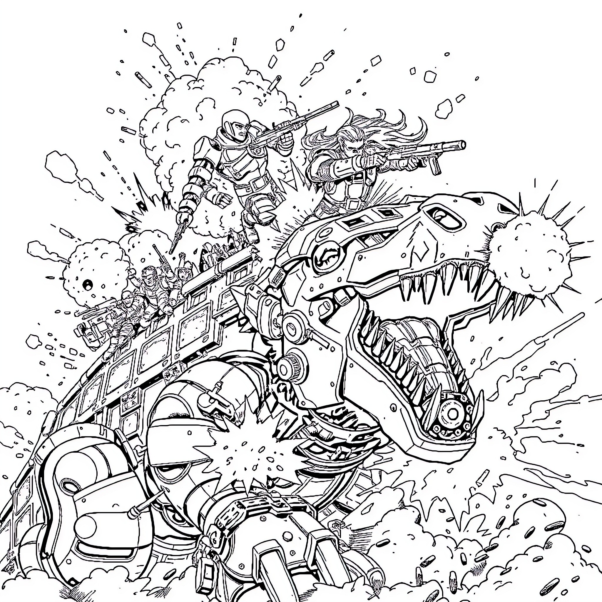 Snake-like Mech battling against soldiers in the field Coloring Page (free black-and-white line drawing printable PDF for all, from beginners to advanced learners, including children, teens, adults, and seniors)
