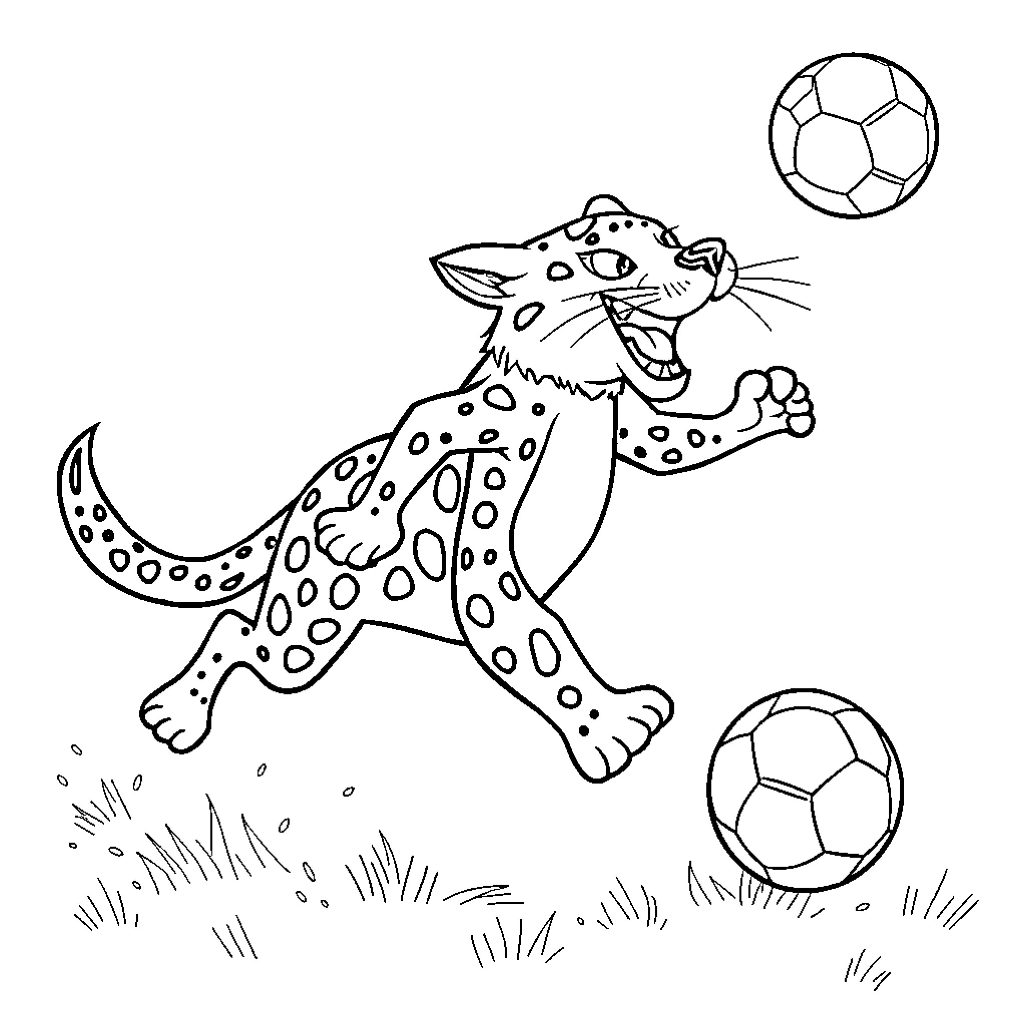Wild Boar playing energetically with soccer balls Coloring Page (free black-and-white line drawing printable PDF for all, from beginners to advanced learners, including children, teens, adults, and seniors)