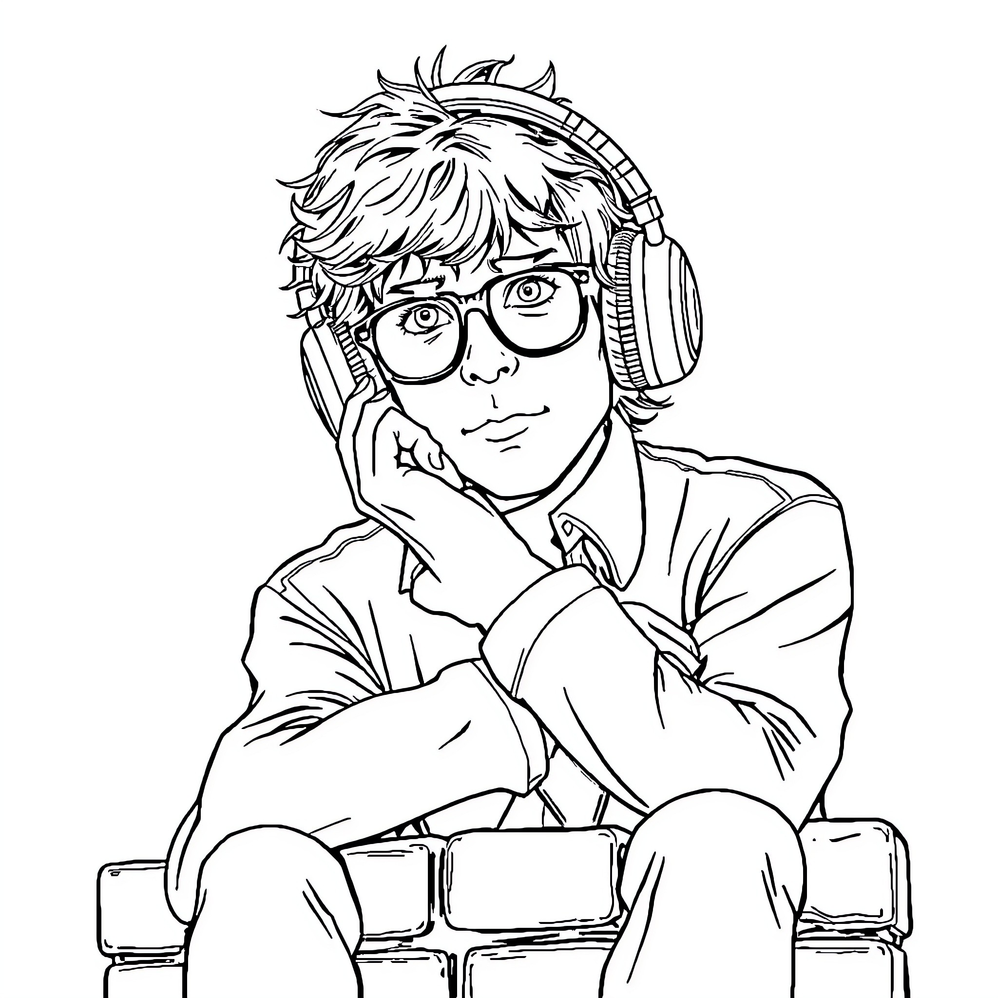 Phil Spector Appears Thoughtful in Headphones Coloring Page (free black-and-white line drawing printable PDF for all, from beginners to advanced learners, including children, teens, adults, and seniors)