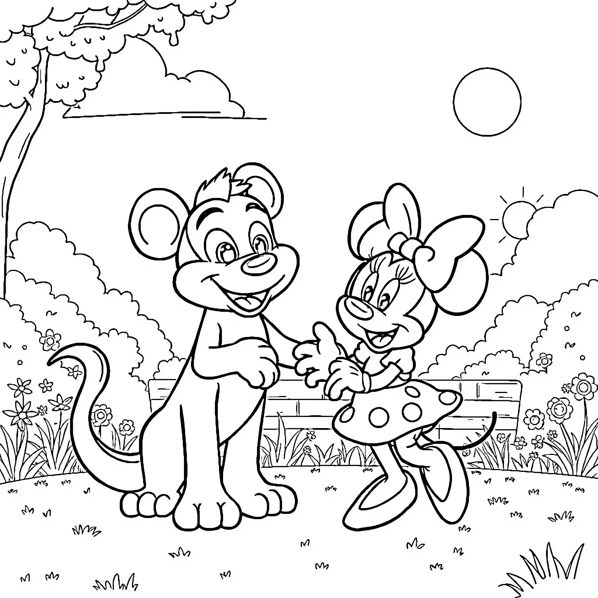 Character Cartoon Animals Playing in Nature Coloring Page (free black-and-white line drawing printable PDF for all, from beginners to advanced learners, including children, teens, adults, and seniors)