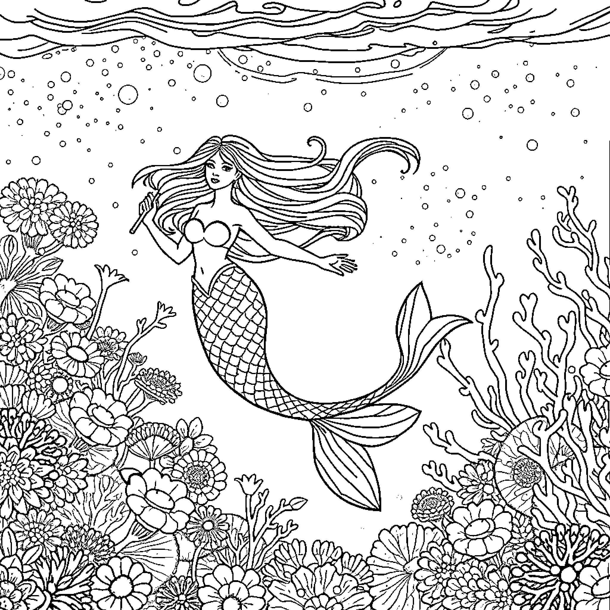 Mermaid swimming gracefully in a floral underwater world Coloring Page (free black-and-white line drawing printable PDF for all, from beginners to advanced learners, including children, teens, adults, and seniors)