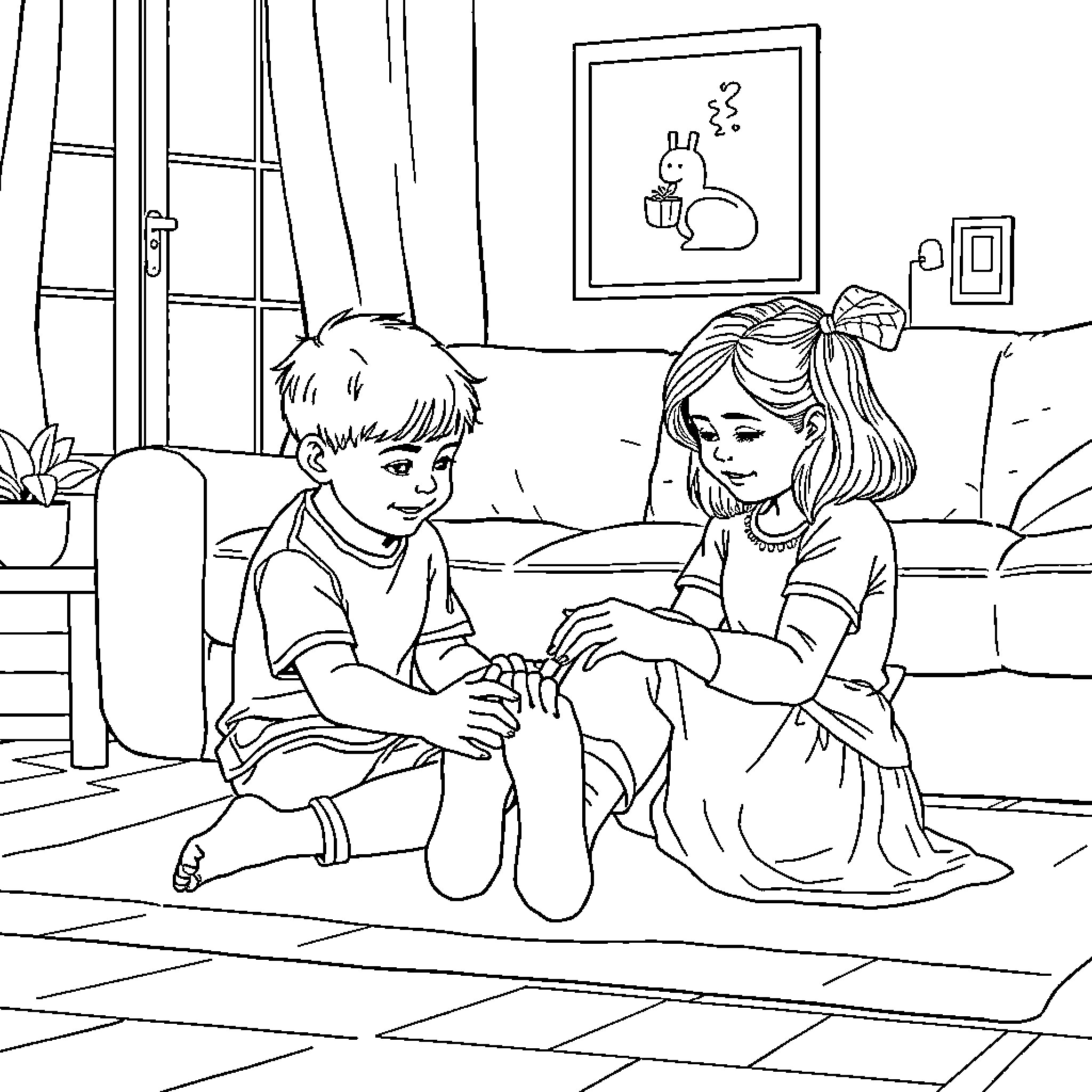 Boy and girl conversing comfortably in bedroom Coloring Page (free black-and-white line drawing printable PDF for all, from beginners to advanced learners, including children, teens, adults, and seniors)