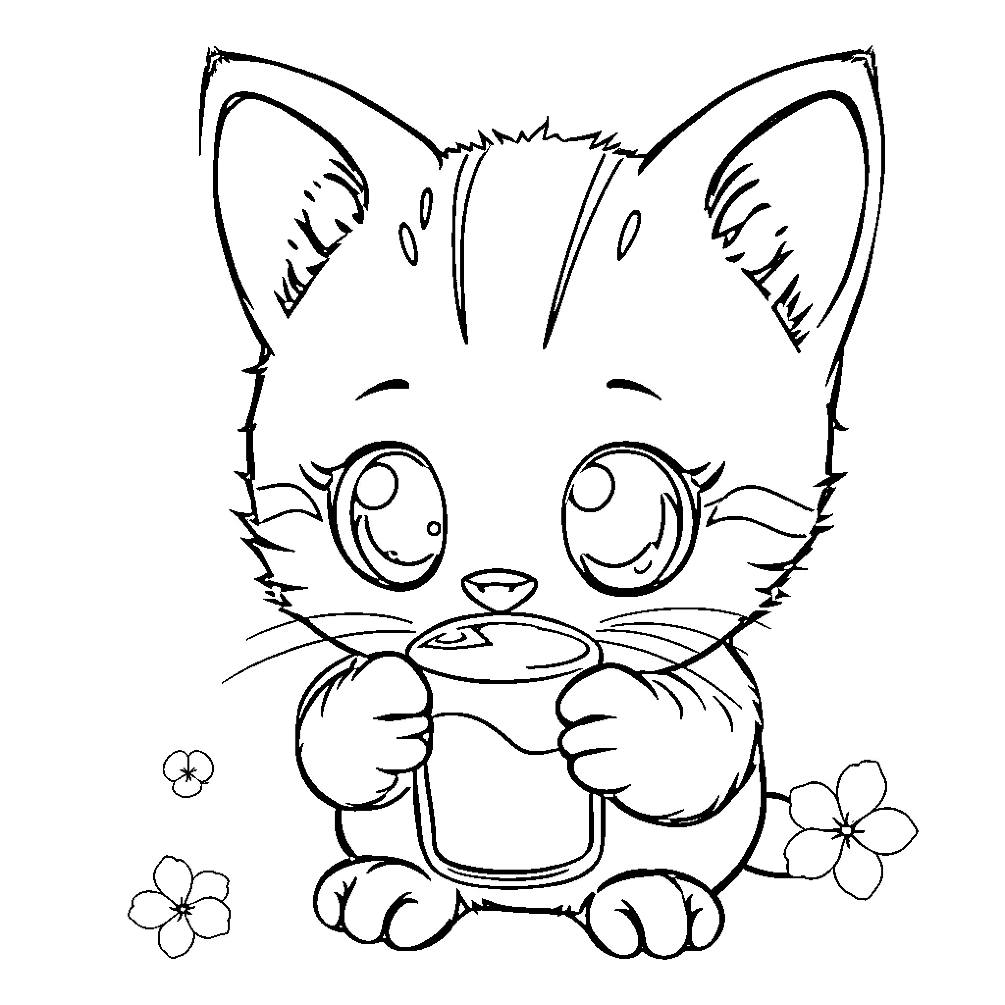 Kitten enjoying a snack with flowers Coloring Page (free black-and-white line drawing printable PDF for all, from beginners to advanced learners, including children, teens, adults, and seniors)