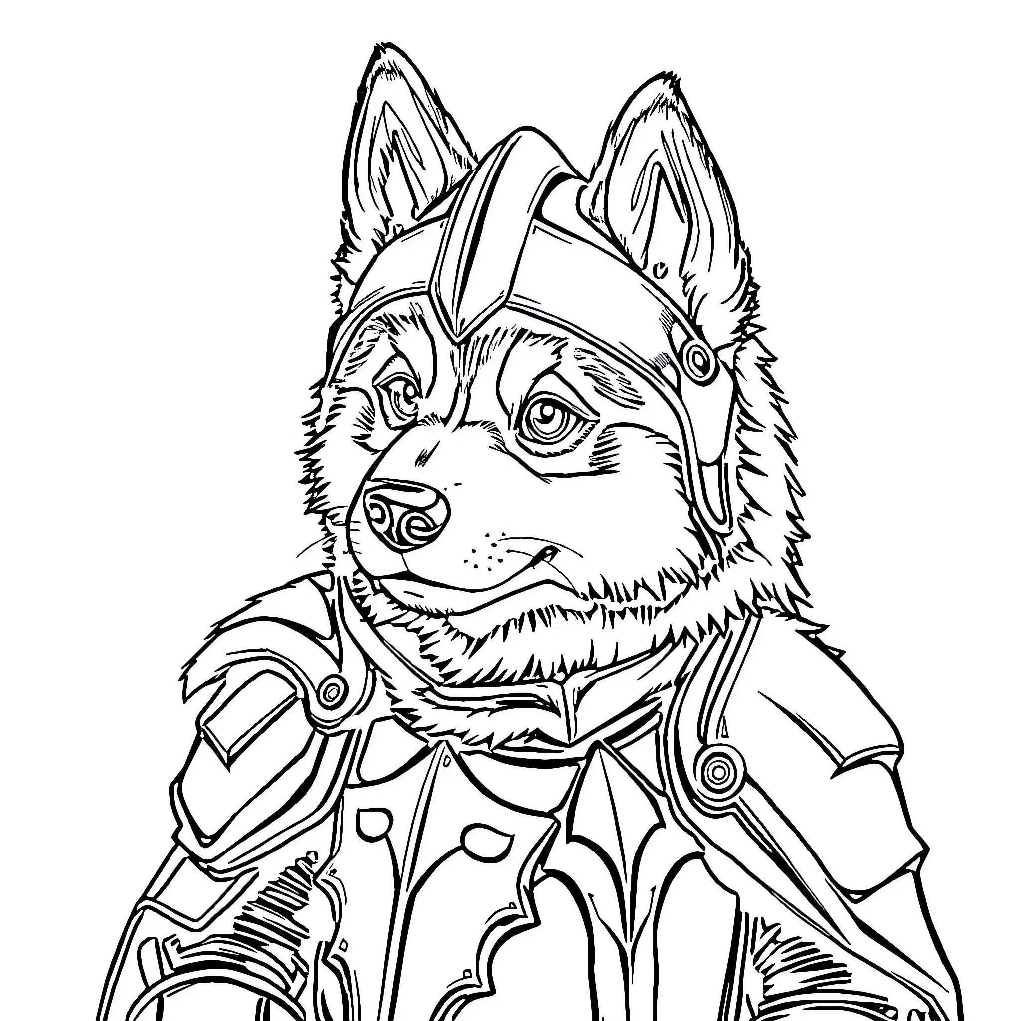 Malamute in Futuristic Outfit Coloring Page (free black-and-white line drawing printable PDF for all, from beginners to advanced learners, including children, teens, adults, and seniors)