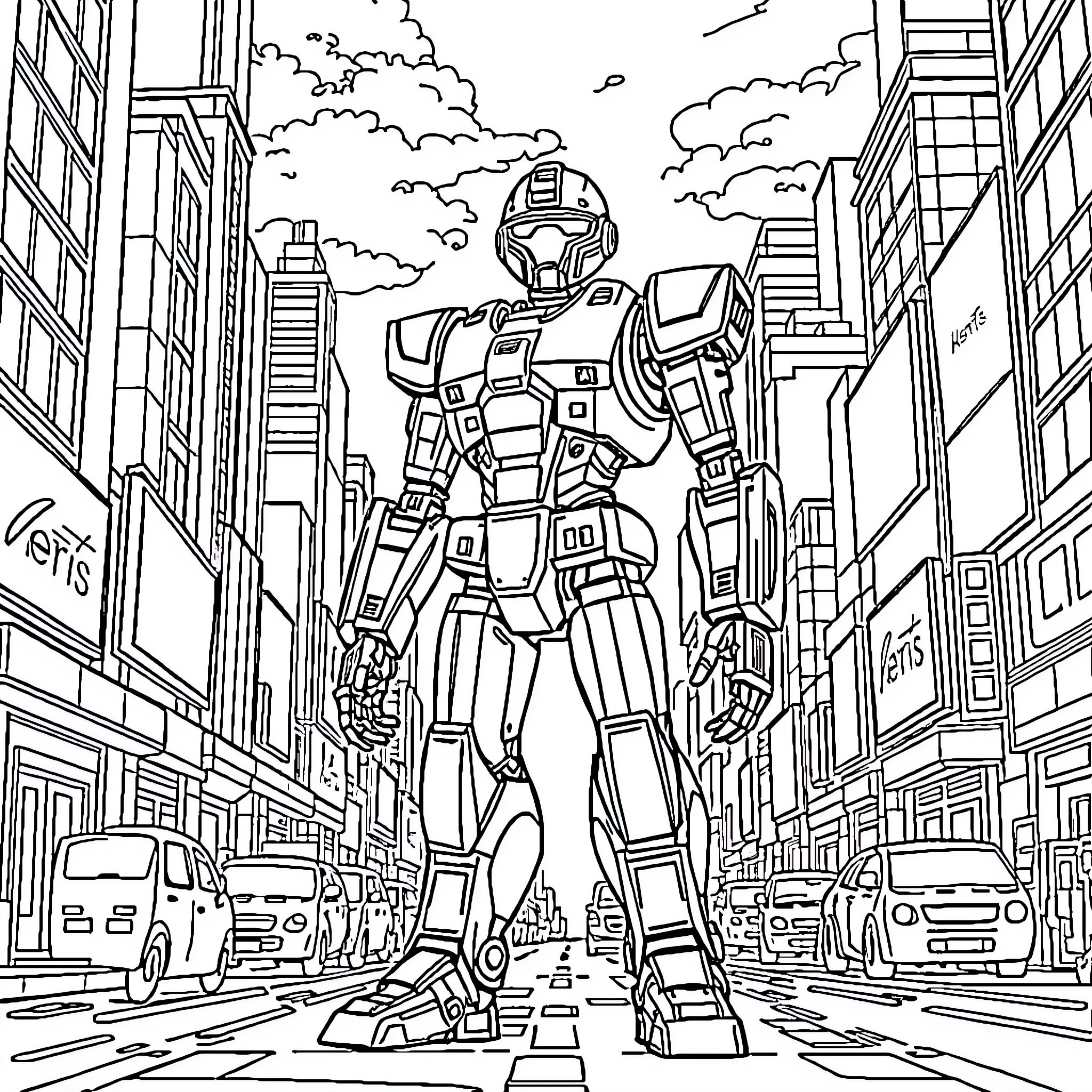 Robot hero standing tall in the city streets Coloring Page (free black-and-white line drawing printable PDF for all, from beginners to advanced learners, including children, teens, adults, and seniors)