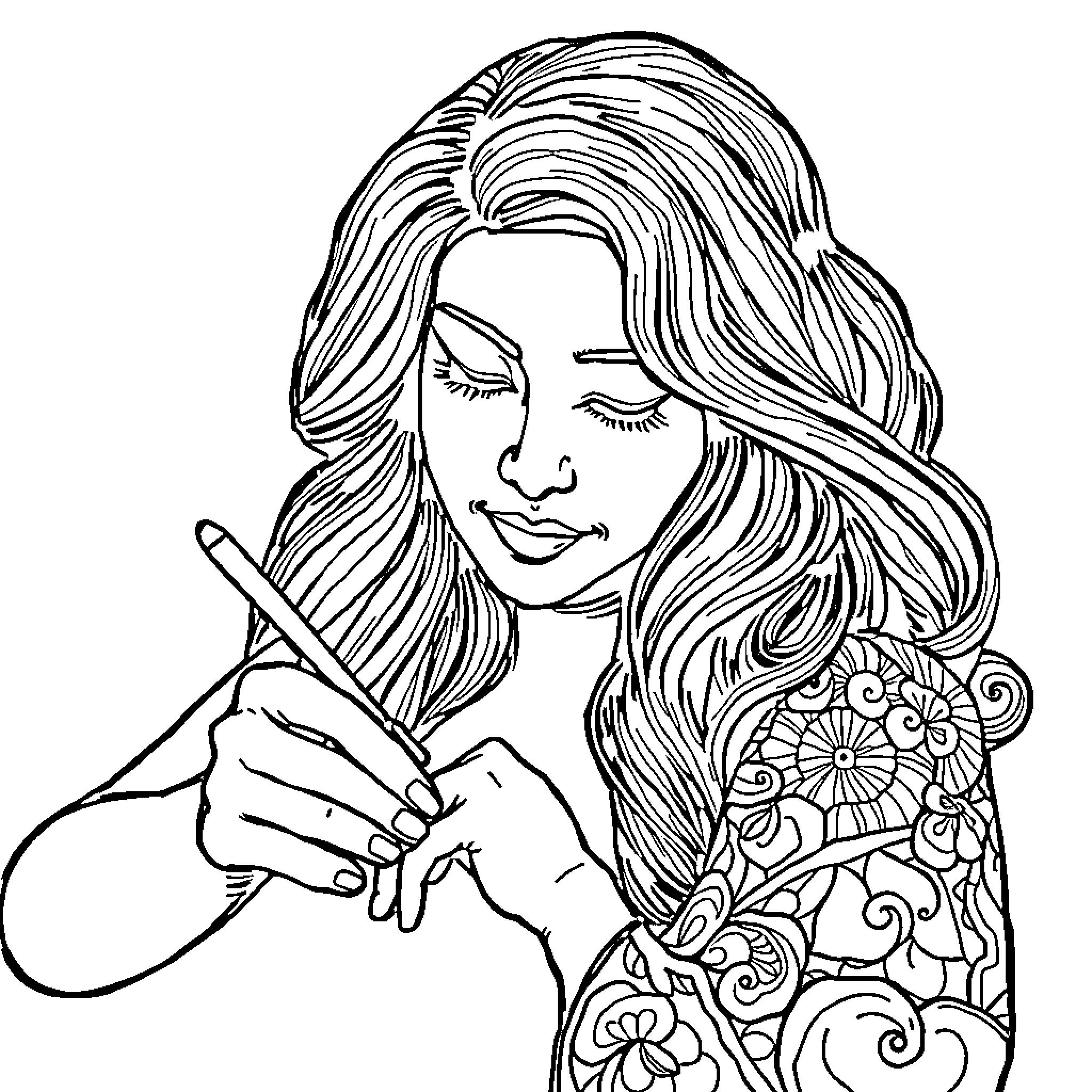 EVE thoughtfully sketching intricate patterns Coloring Page (free black-and-white line drawing printable PDF for all, from beginners to advanced learners, including children, teens, adults, and seniors)