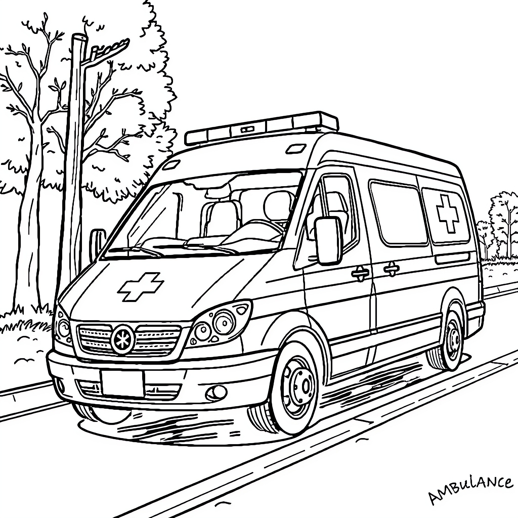 Ambulance speeding down the road in nature Coloring Page (free black-and-white line drawing printable PDF for all, from beginners to advanced learners, including children, teens, adults, and seniors)