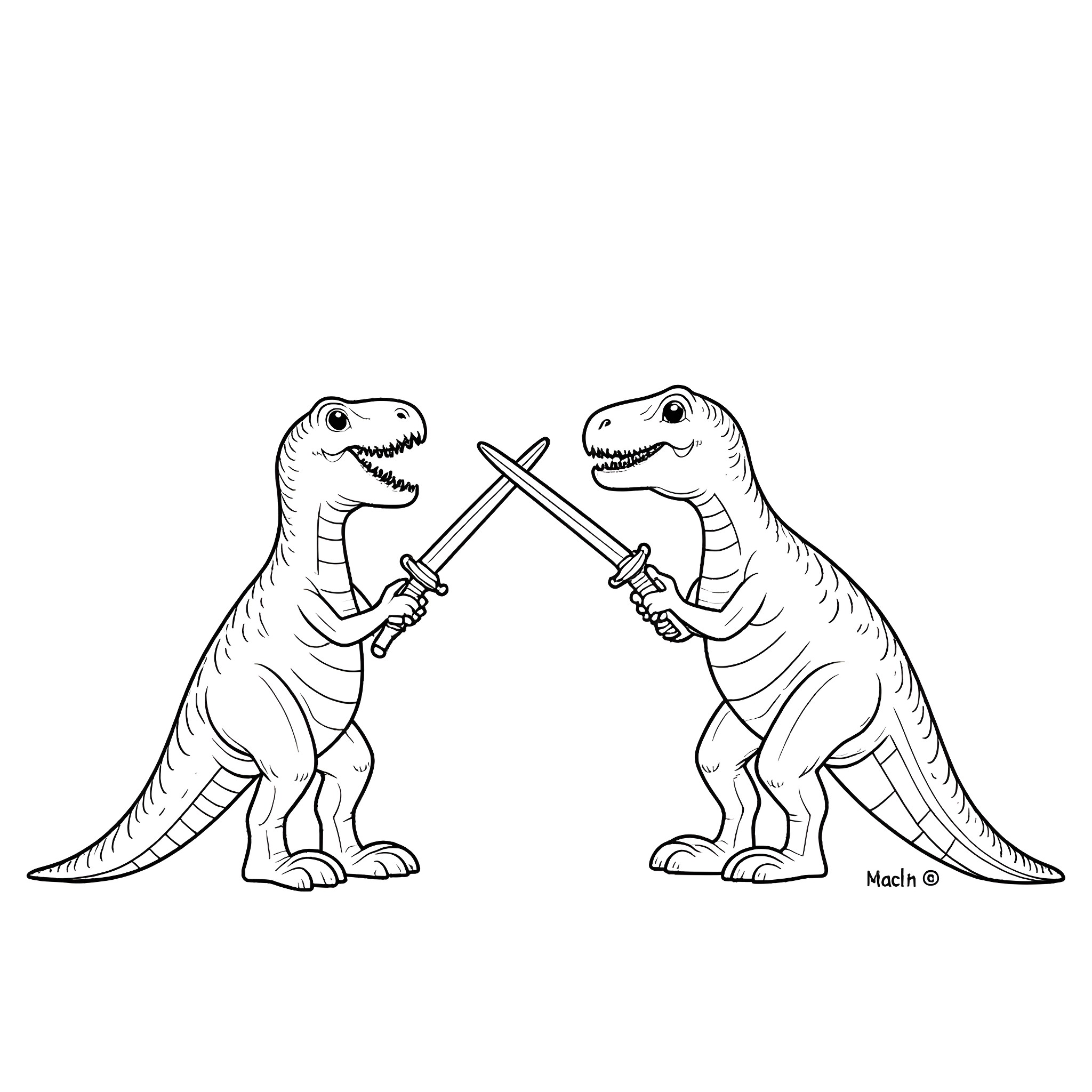 Dinosaurs fighting with swords Coloring Page (free black-and-white line drawing printable PDF for all, from beginners to advanced learners, including children, teens, adults, and seniors)