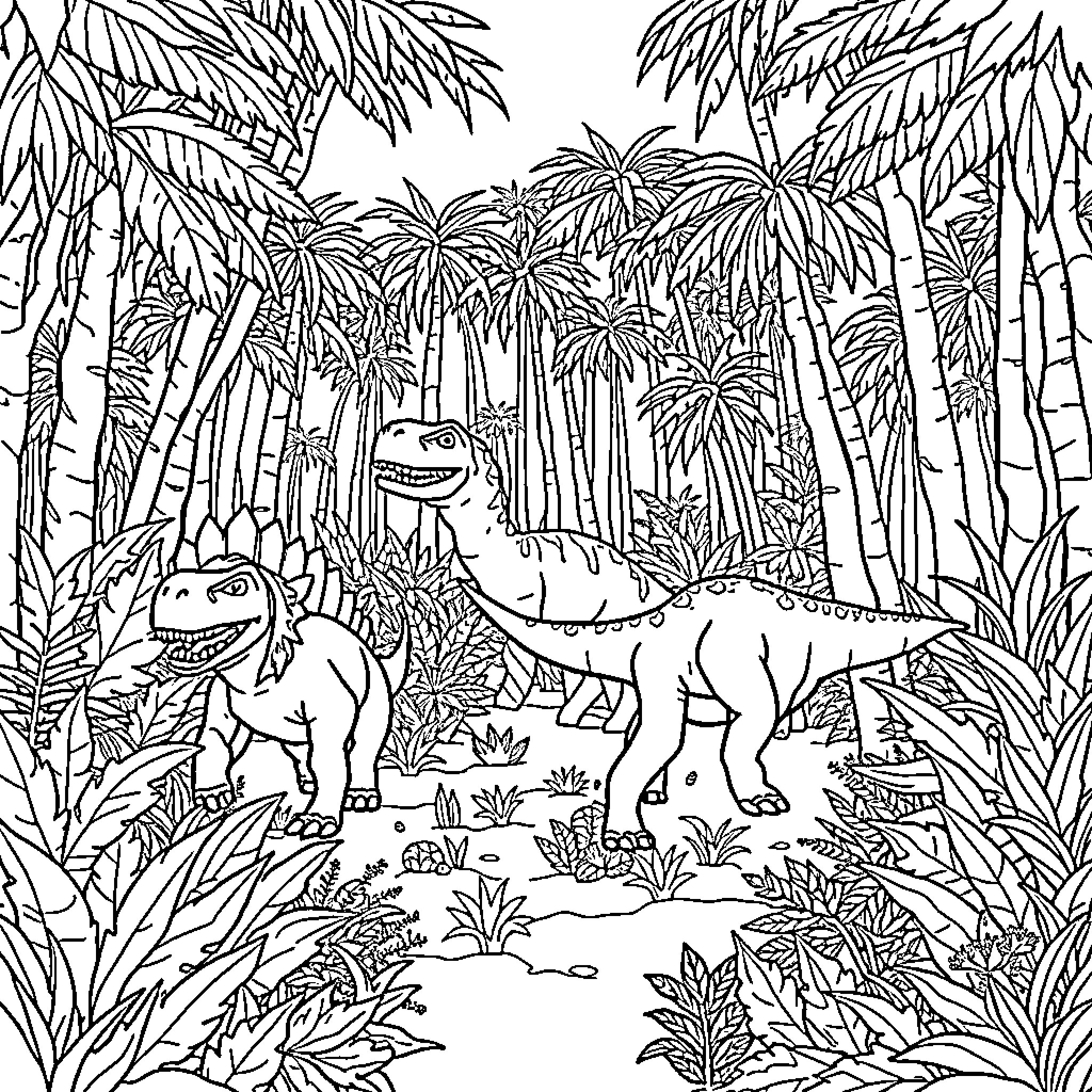 Dinosaurs exploring lush tropical jungle Coloring Page (free black-and-white line drawing printable PDF for all, from beginners to advanced learners, including children, teens, adults, and seniors)