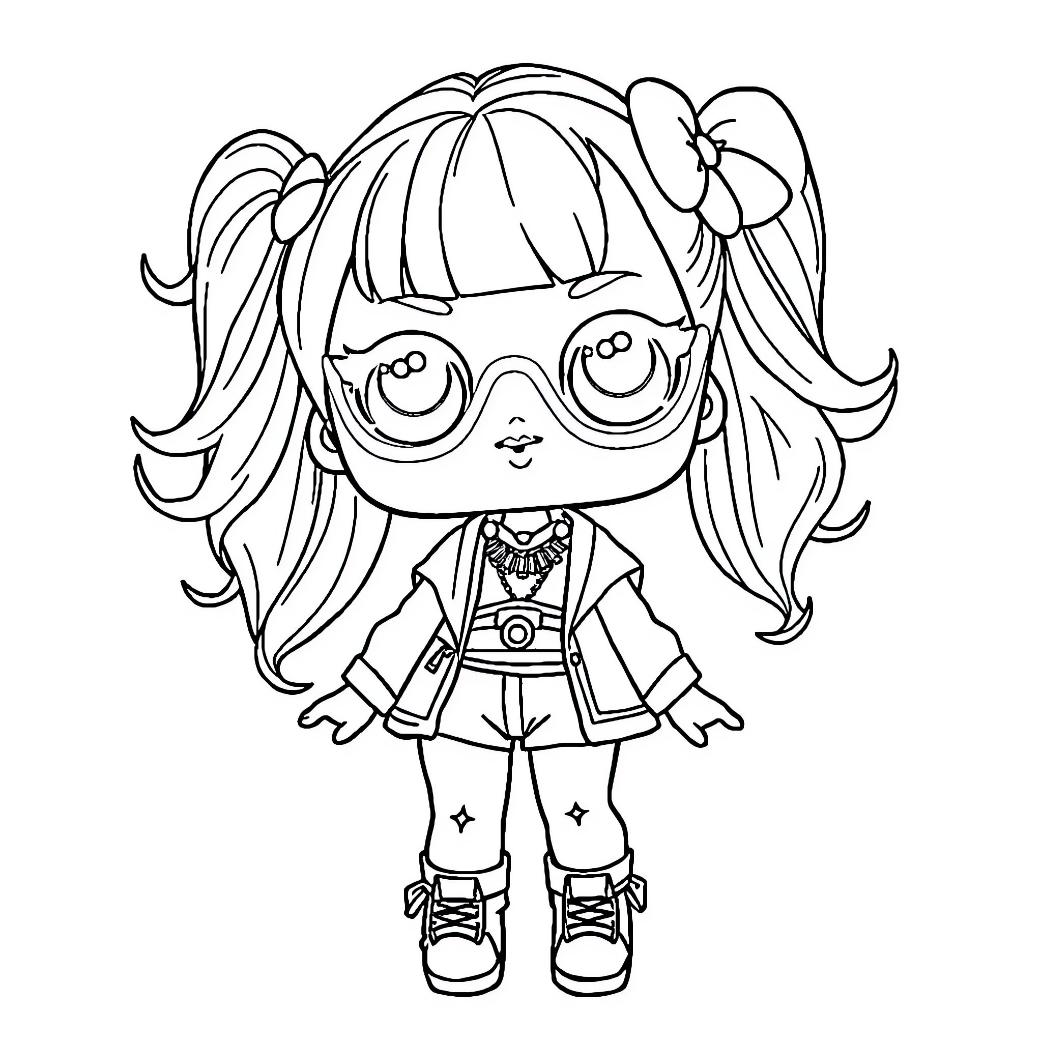 Kpop Doll in Whimsical Outfit and Pose Coloring Page (free black-and-white line drawing printable PDF for all, from beginners to advanced learners, including children, teens, adults, and seniors)