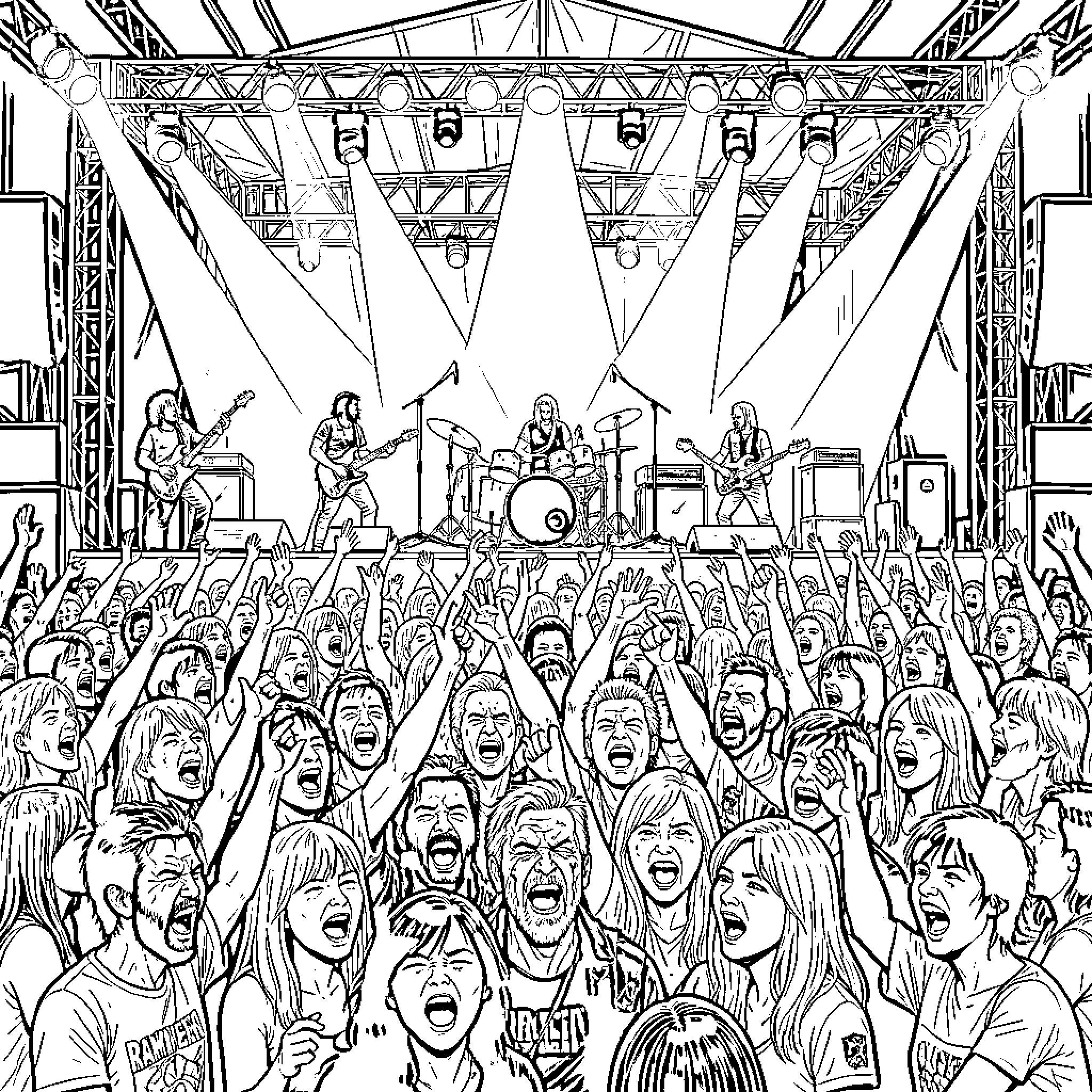 Rammstein Performing on Stage Before an Energetic Crowd Coloring Page (free black-and-white line drawing printable PDF for all, from beginners to advanced learners, including children, teens, adults, and seniors)