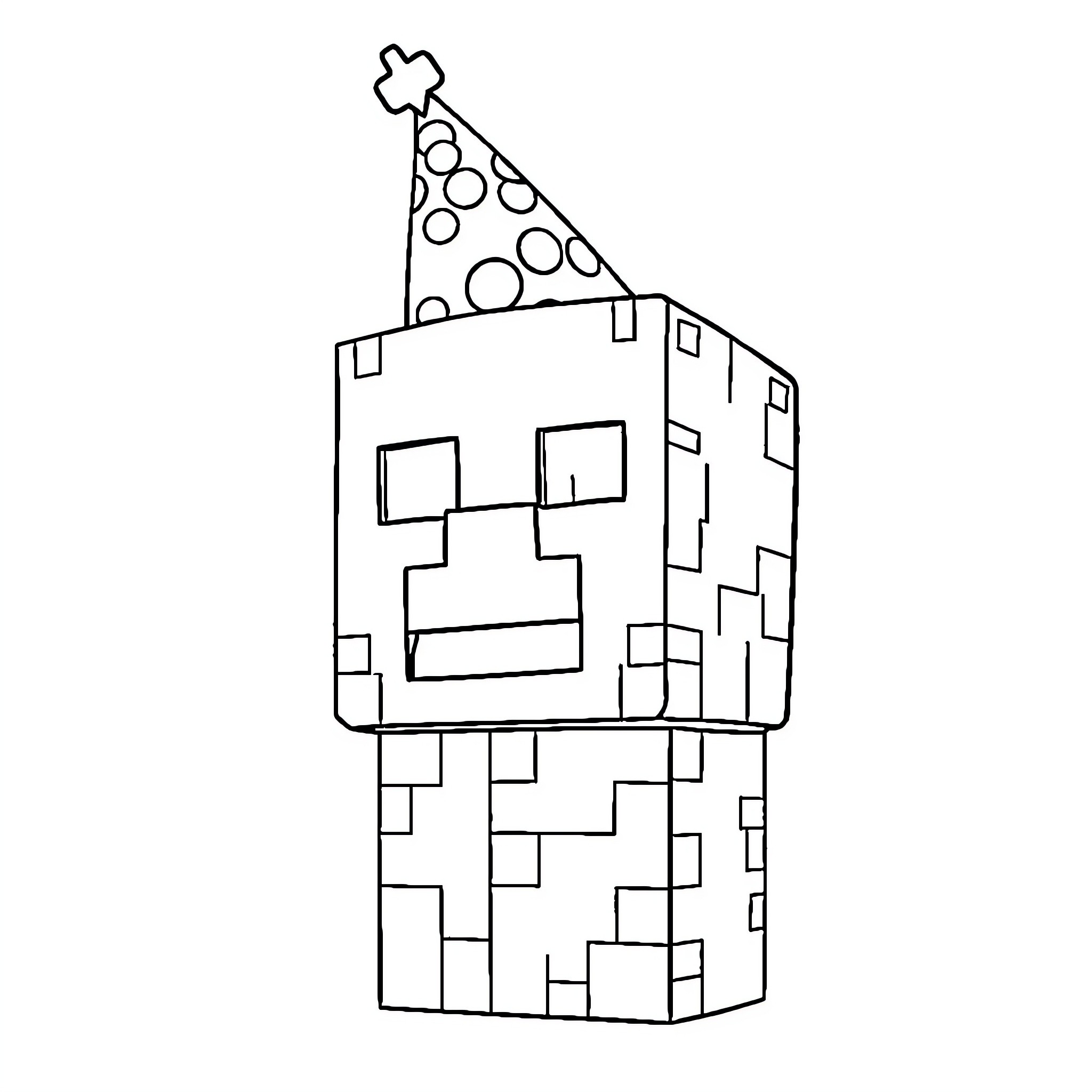 Creeper celebrating with party hat and confetti Coloring Page (free black-and-white line drawing printable PDF for all, from beginners to advanced learners, including children, teens, adults, and seniors)