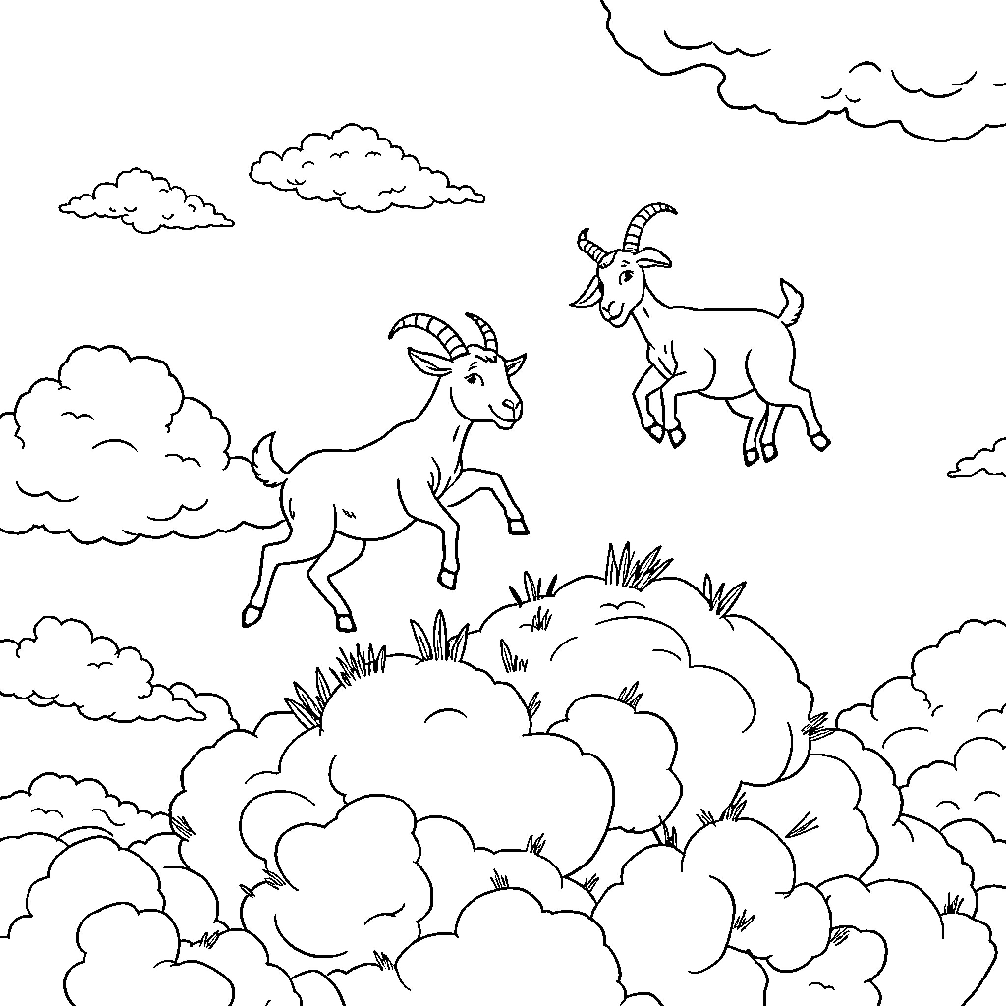 Goats frolicking in the clouds Coloring Page (free black-and-white line drawing printable PDF for all, from beginners to advanced learners, including children, teens, adults, and seniors)