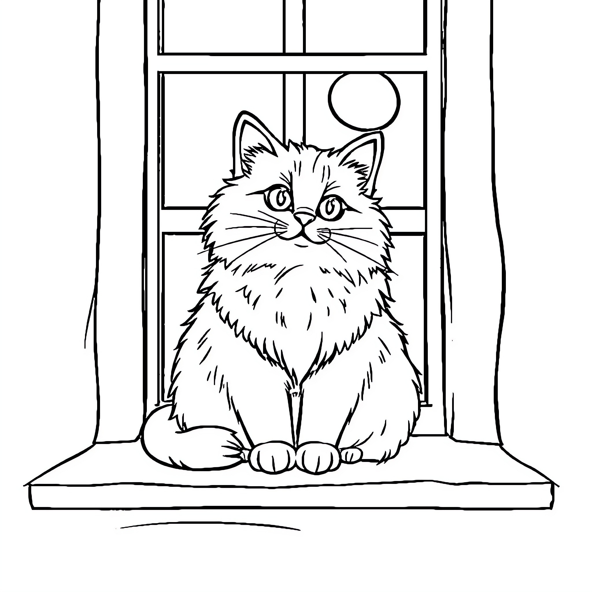 Cat Sitting Curiously by the Window Coloring Page (free black-and-white line drawing printable PDF for all, from beginners to advanced learners, including children, teens, adults, and seniors)