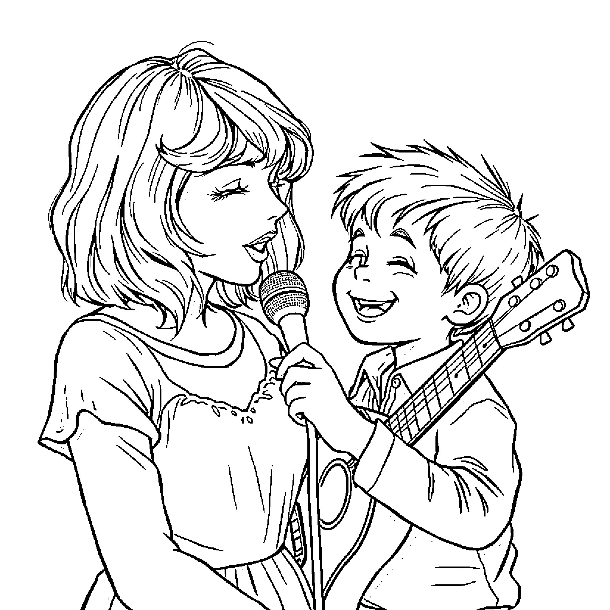 Taylor Swift Performing on Stage with a Young Fan Coloring Page (free black-and-white line drawing printable PDF for all, from beginners to advanced learners, including children, teens, adults, and seniors)