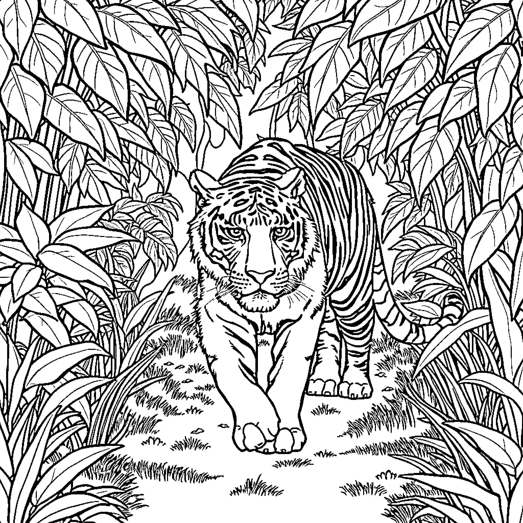 Tiger hiding in the dense jungle foliage Coloring Page (free black-and-white line drawing printable PDF for all, from beginners to advanced learners, including children, teens, adults, and seniors)